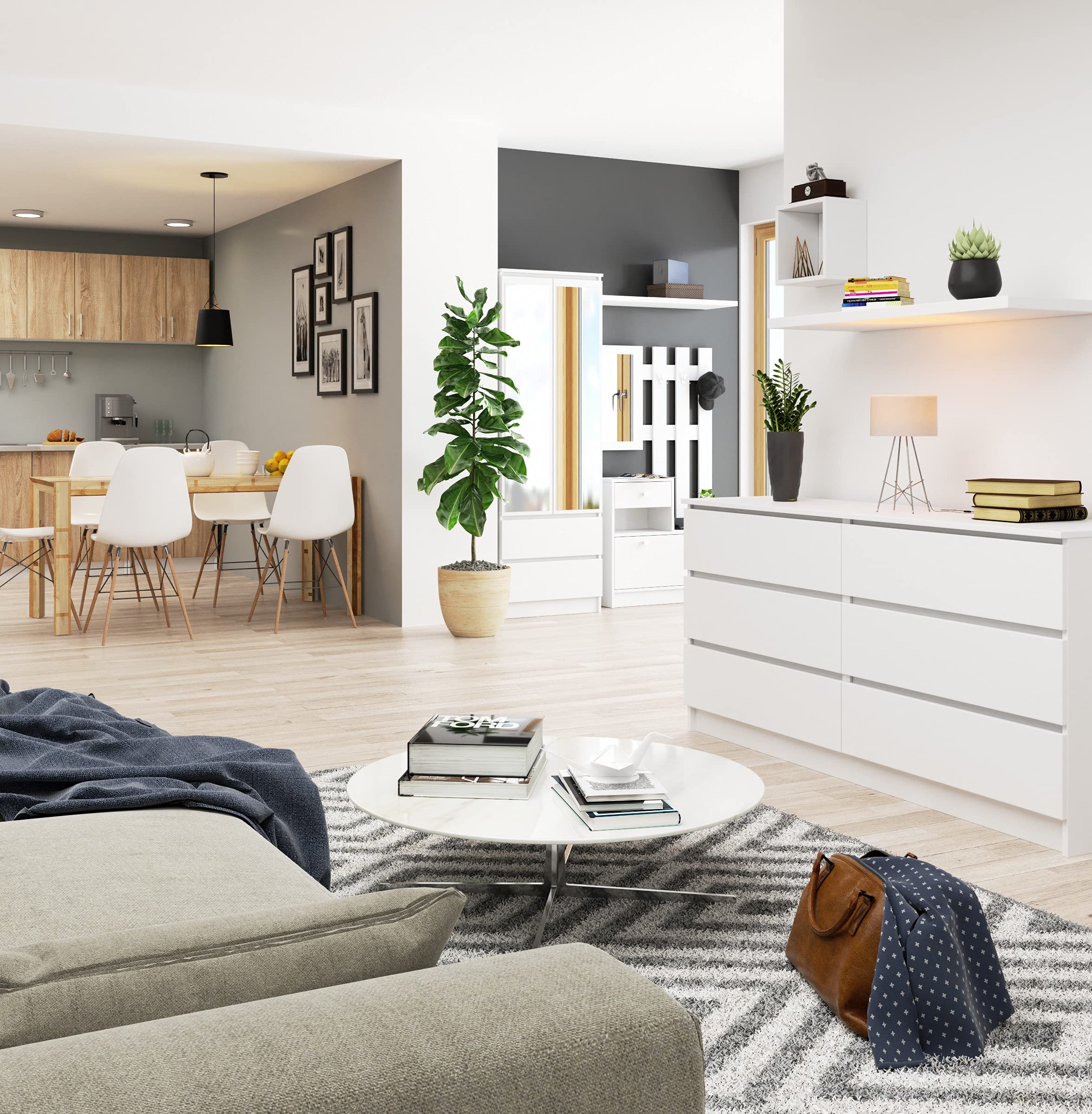 AKORD Cassettiera K 160 cm | 6 Cassetti (2 x 3) | Moderna Mobiletto per il soggiorno Camera da letto Armadio Soggiorno Bagno | Salvaspazio | 160 x 77 x 40 cm | Peso 70 kg |Bianco