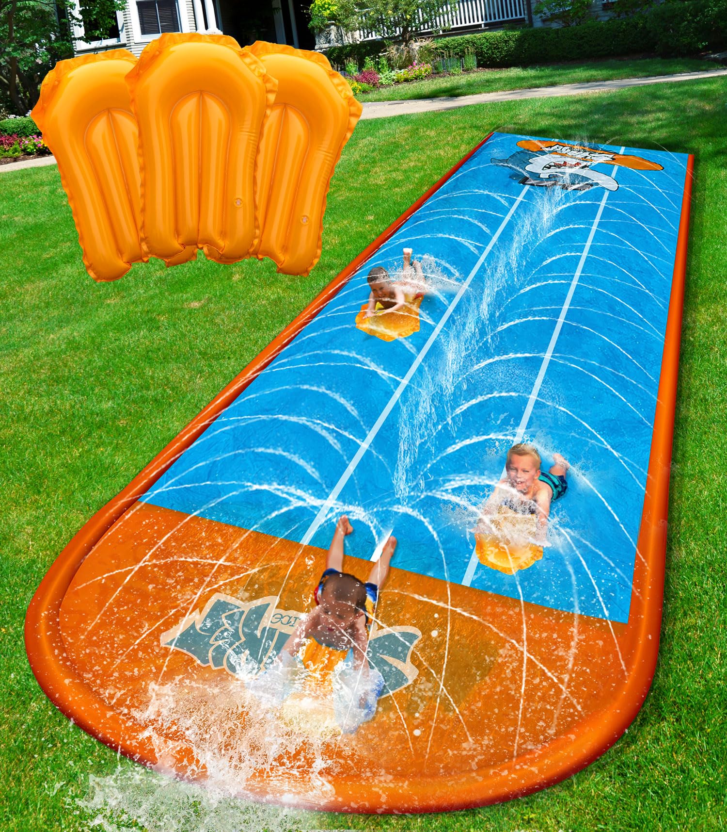 Spring Water Slip and Water Slide for Kids Backyard, 17ft*3 Racing Lanes Slip Water Slides with Sprinkler for Age 4-8 8-12, Summer Outdoor Water Toy with 3 Inflatable Bodyboards