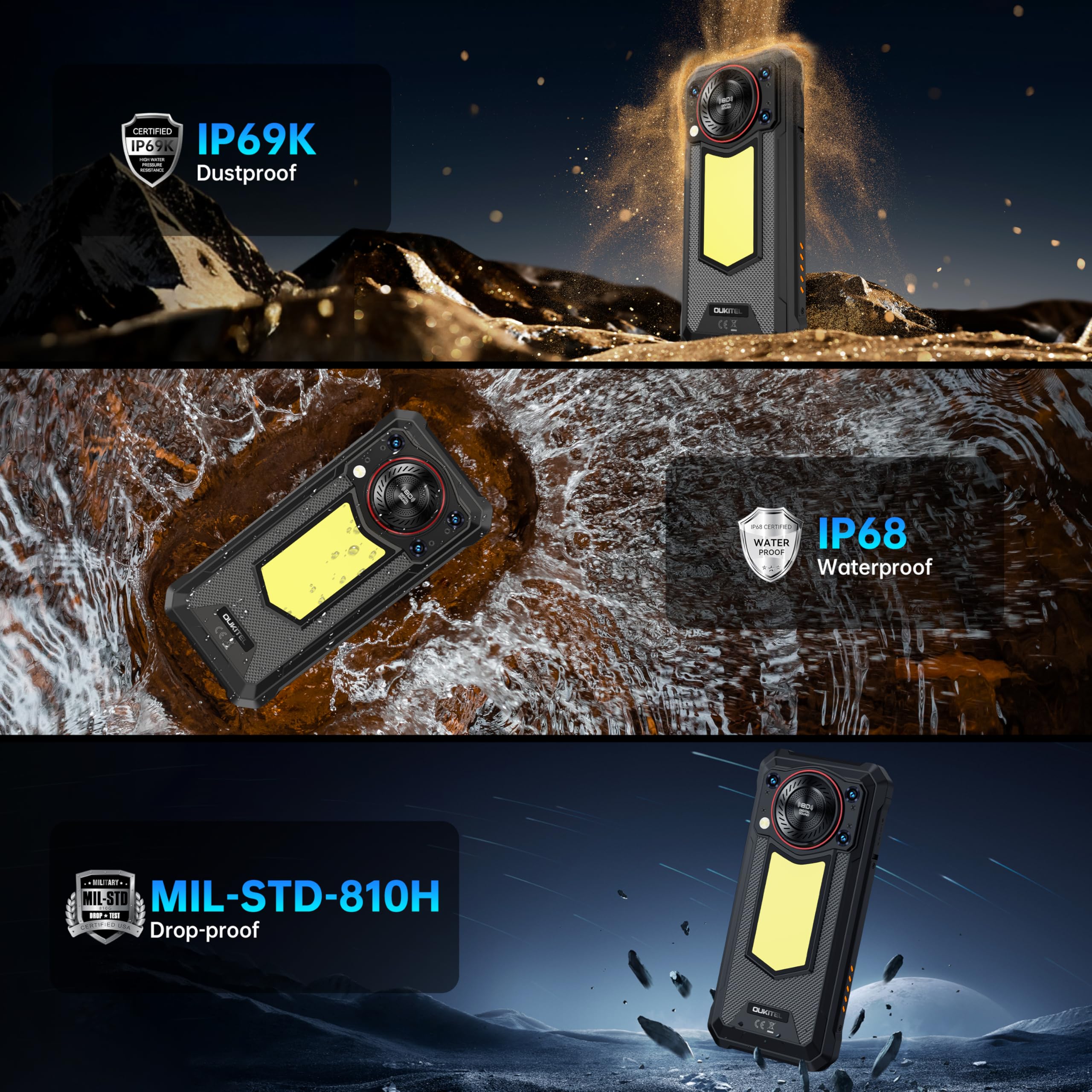 OUKITEL WP53S Rugged Smartphone Unlocked,16B+128GB Android 15 Rugged Phone,11000mAh Battery with Camping Light,6.52" FHD+,13MP+8MP IP68/IP69K Waterproof Cell Phone 4G Dual SIM NFC/OTG/Louder Speaker