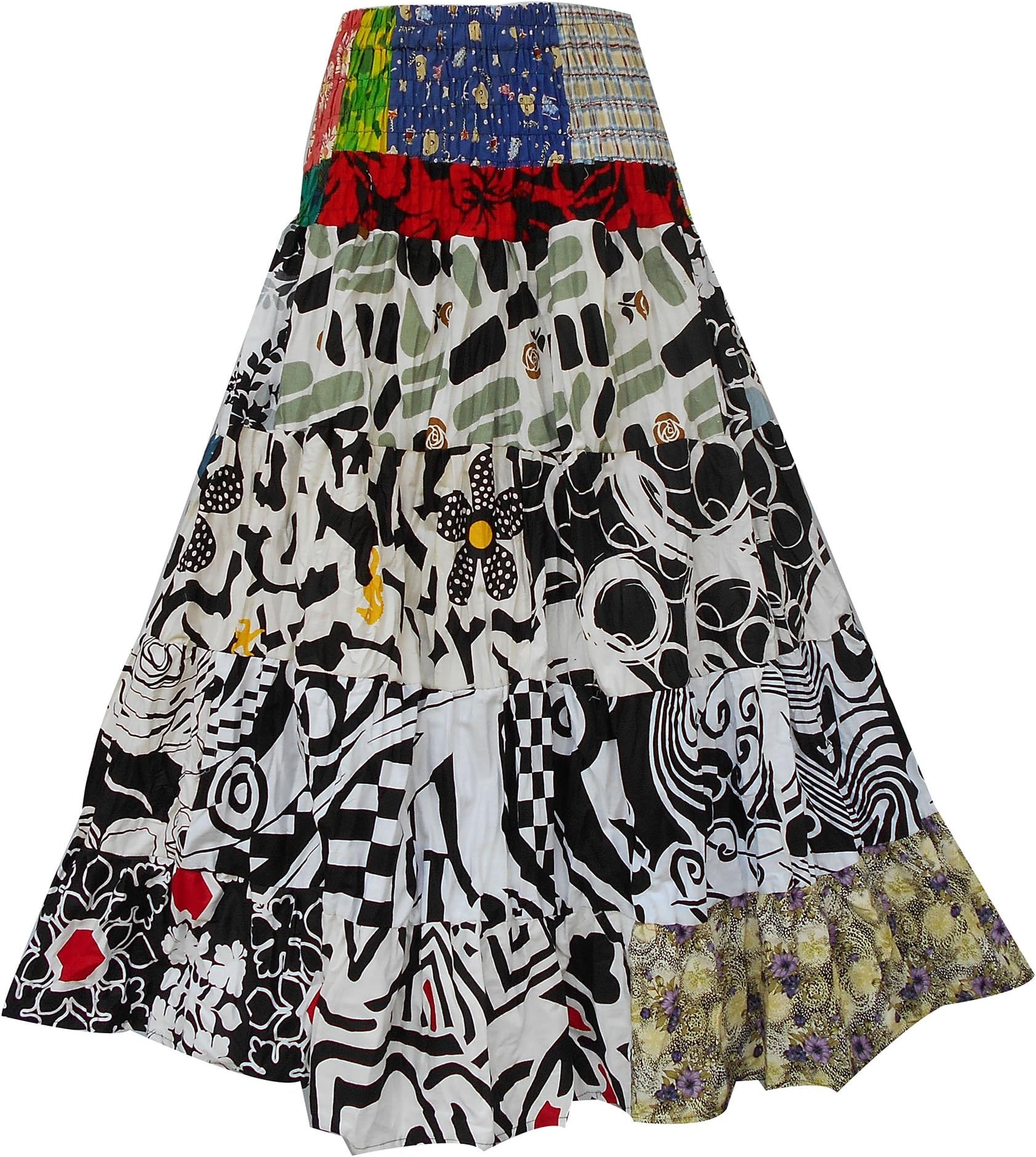 Bonya Women's Boho/Hippie Colorful Ruffle Patchwork Long Tiered Skirt - (Color124)