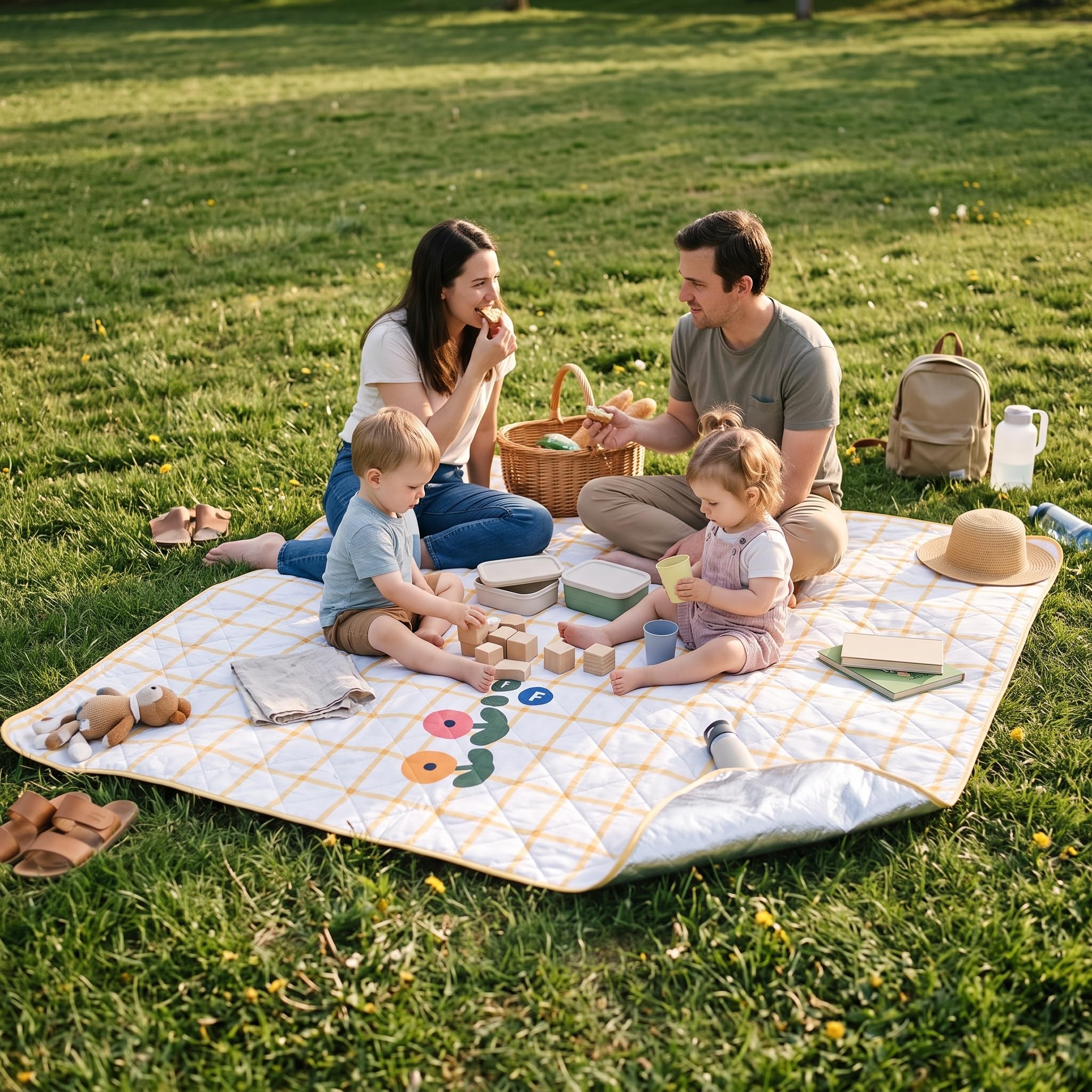 Coperta da Esterno Impermeabile 200x300 cm - da Campeggio con Fondo Impermeabile per Esterno - per picnic, Giallo a quadri con fragole e fiori, 300 * 300cm