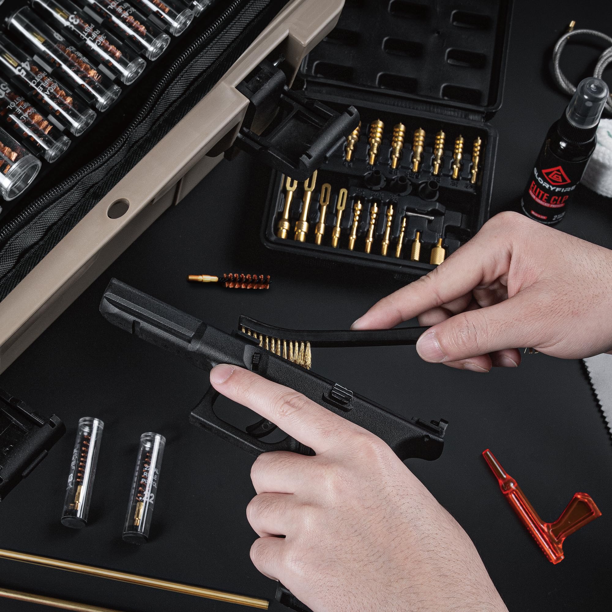 GLORYFIRE Adjustable Stand Deluxe Universal Gun Cleaning Kit - Highly Effective Cleaning Solutions for Hunting and Shooting - Portable/Compact - Brown
