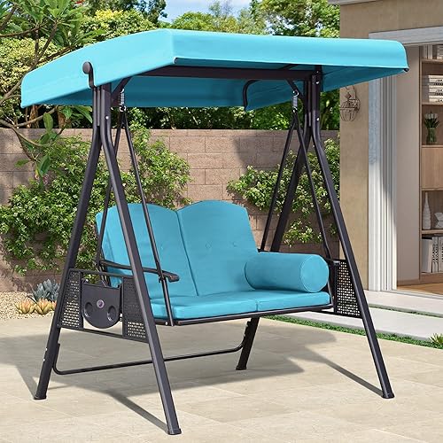 Miniatura 8 de PURPLE LEAF Columpio de porche para patio al aire libre con soporte, silla columpio de 2 asientos con toldo de inclinación ajustable, marco de acero