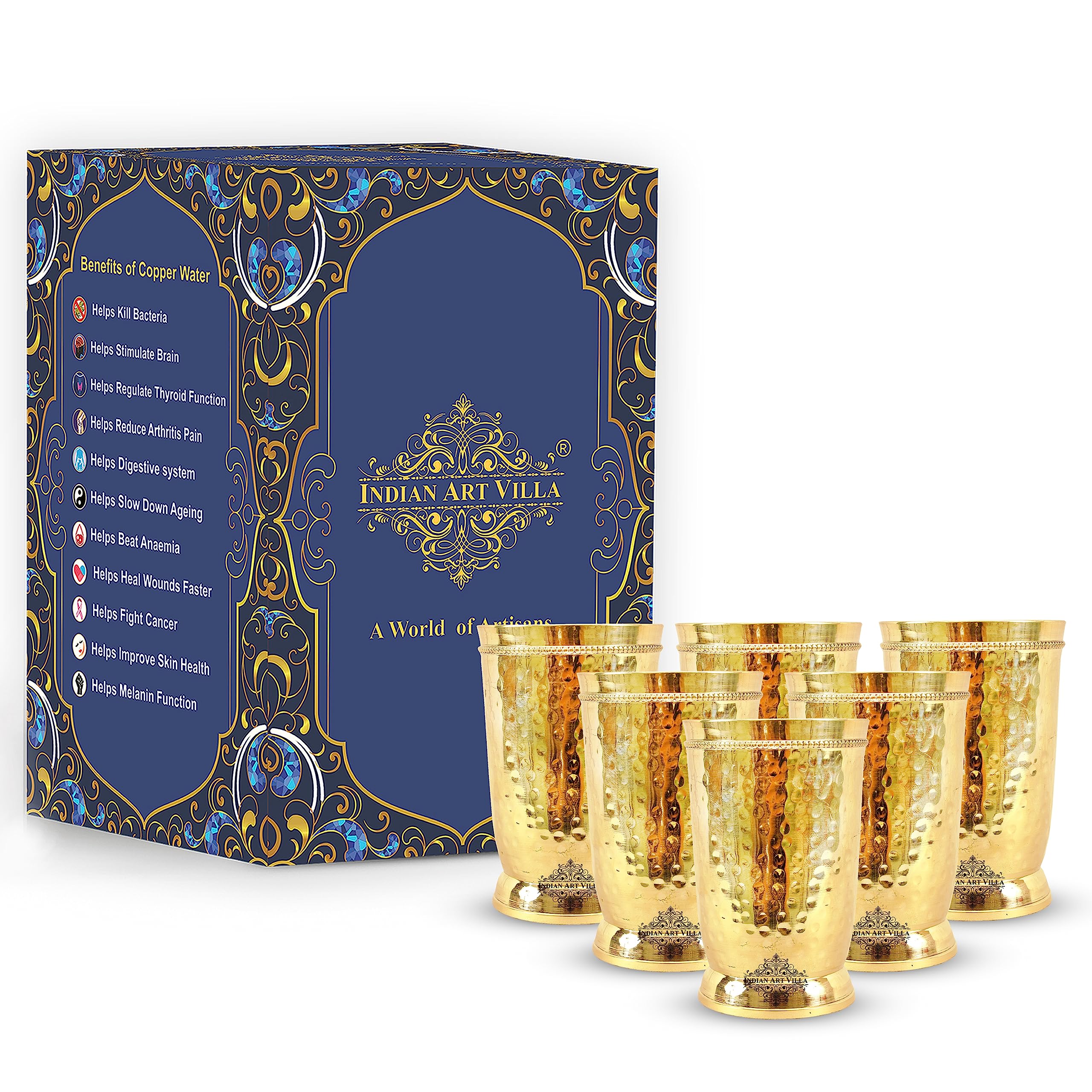 INDIAN ART VILLA Pure Brass Glass Tumbler with Hammered Beeded Design, for Drinking Serving Water, Yoga & Ayurveda, Volume-270 ML, Set of 6