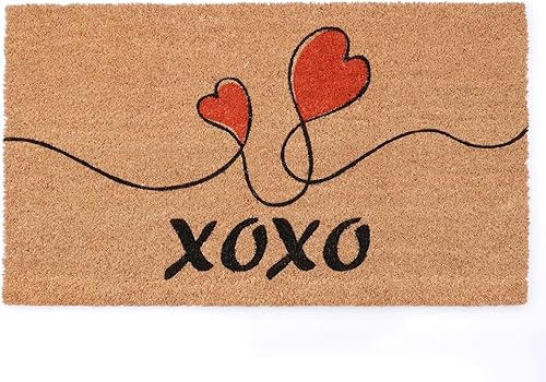 HUES AND HOMES XOXO - Felpudo de San Valentín, tamaño de 18 x 30 pulgadas, felpudo de fibra de coco, tapete de corazón rojo