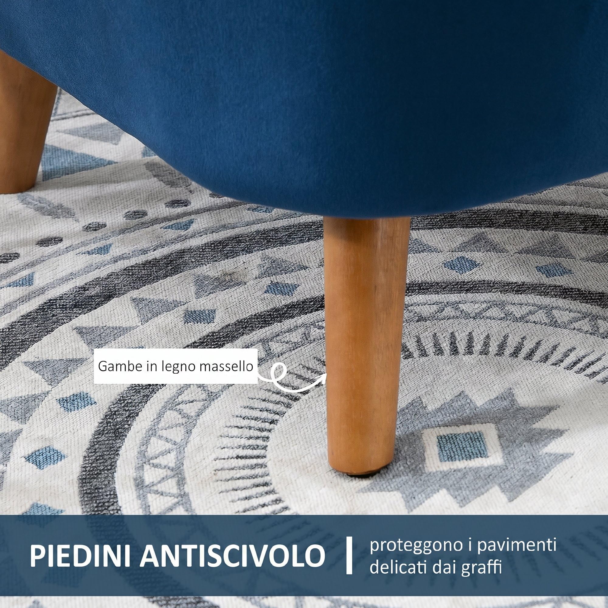HOMCOM Poltrona Salotto Imbottito in Velluto, Poltroncina Camera da Letto con Imbottitura Spessa, Gambe in Legno di Caucciù, per Soggiorno e Sala da Pranzo, 67x65x77cm, Blu