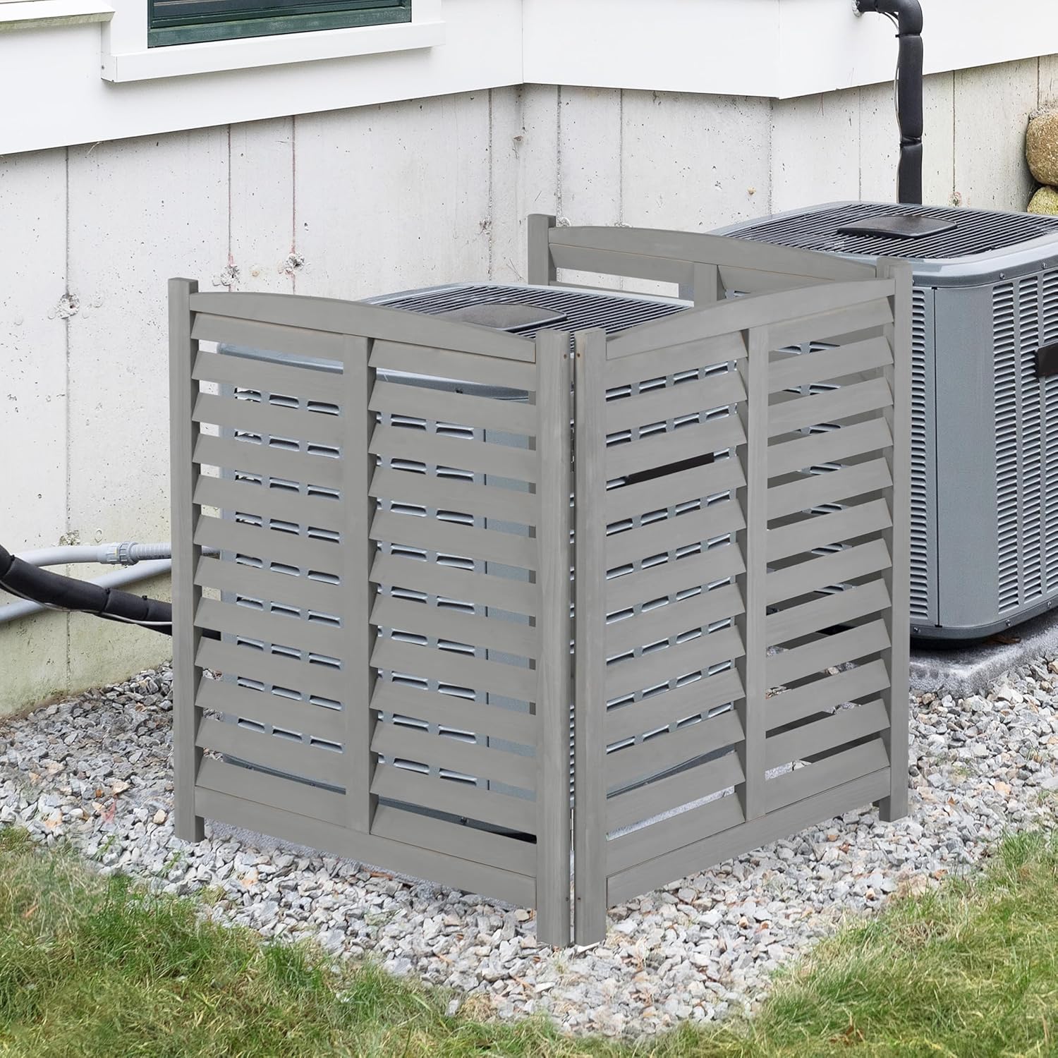 YOPTO 32" W x 38" H,3-Panel Outdoor Air Conditioner Fence,Wooden Outside Wood Privacy Screen,for Pool Equipment Enclosure,Trash Can Enclosures,Air Conditioner,Grey