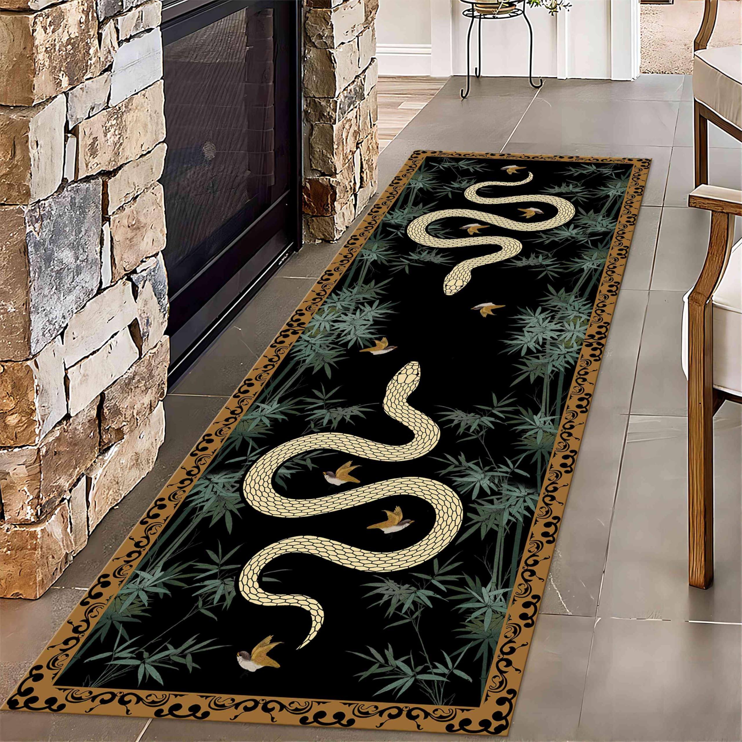 Snakes and Birds Area Rugs, 2x10ft, Goth Snakes Bohemian Bamboo Leaves Retro Aesthetics Accent Rug, Washable Carpet with Anti-Slip Backing Durable