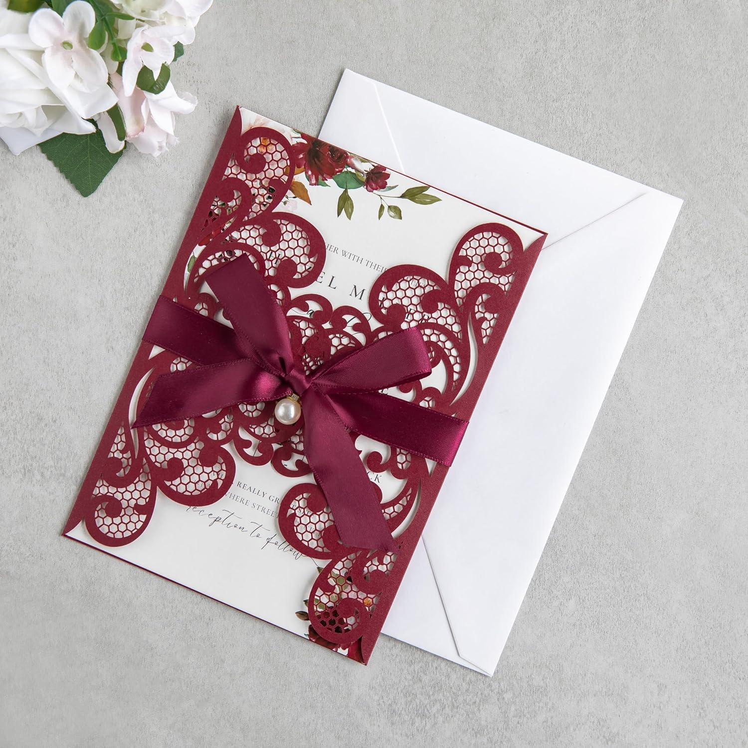 20Pcs 5.12x7.09 inch Laser Cut Wedding Invitation Cards With Envelopes and Ribbons for Quinceanera Bridal Shower Baby Shower Party Invite (Burgundy)