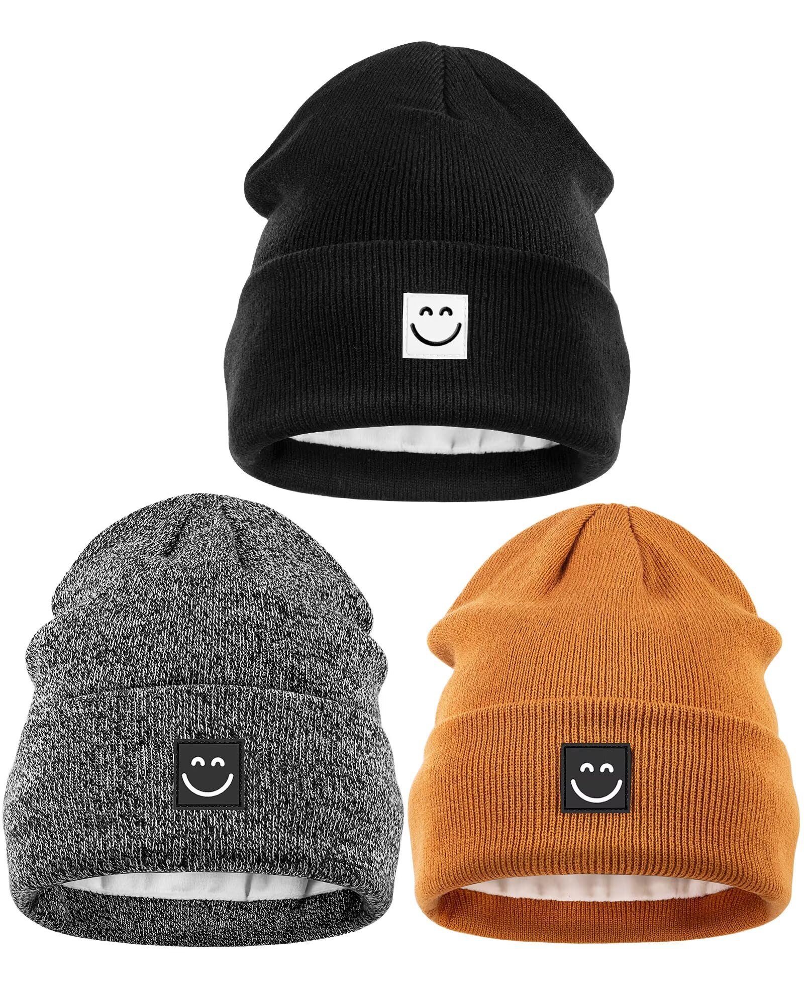 Winter Beanie Hats for Women Men 3Pack,Fleece Lined Womens Winter Hats with Smiley Face