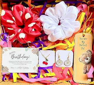 Birthday Gift Combo for Women and Girls 2 Hair Scrunchies, Cherry Chain, White Daisy Earring, Bookmark, Happy Birthday Card-picture-37
