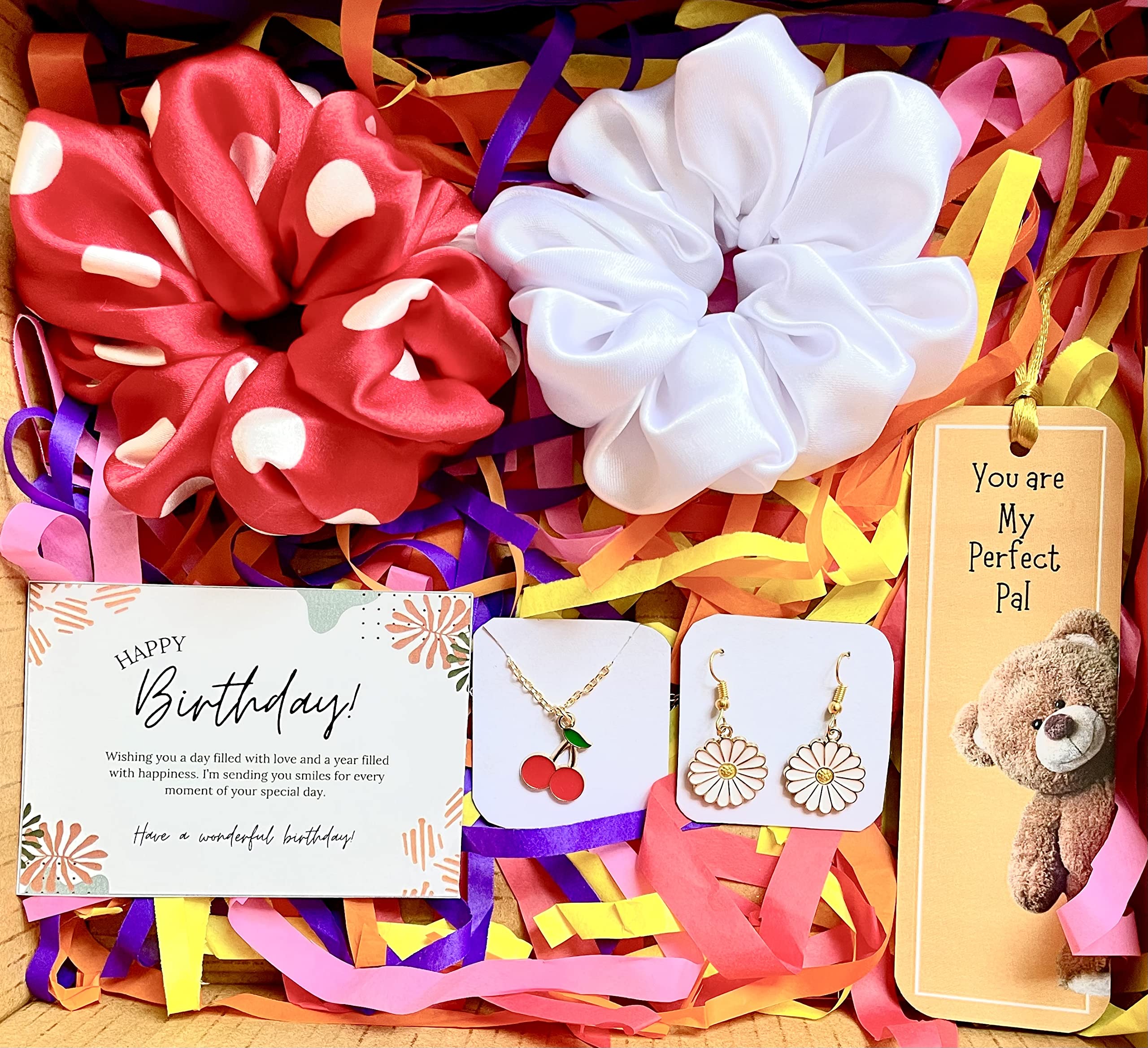 Birthday Gift Combo for Women and Girls 2 Hair Scrunchies, Cherry Chain, White Daisy Earring, Bookmark, Happy Birthday Card-image-22