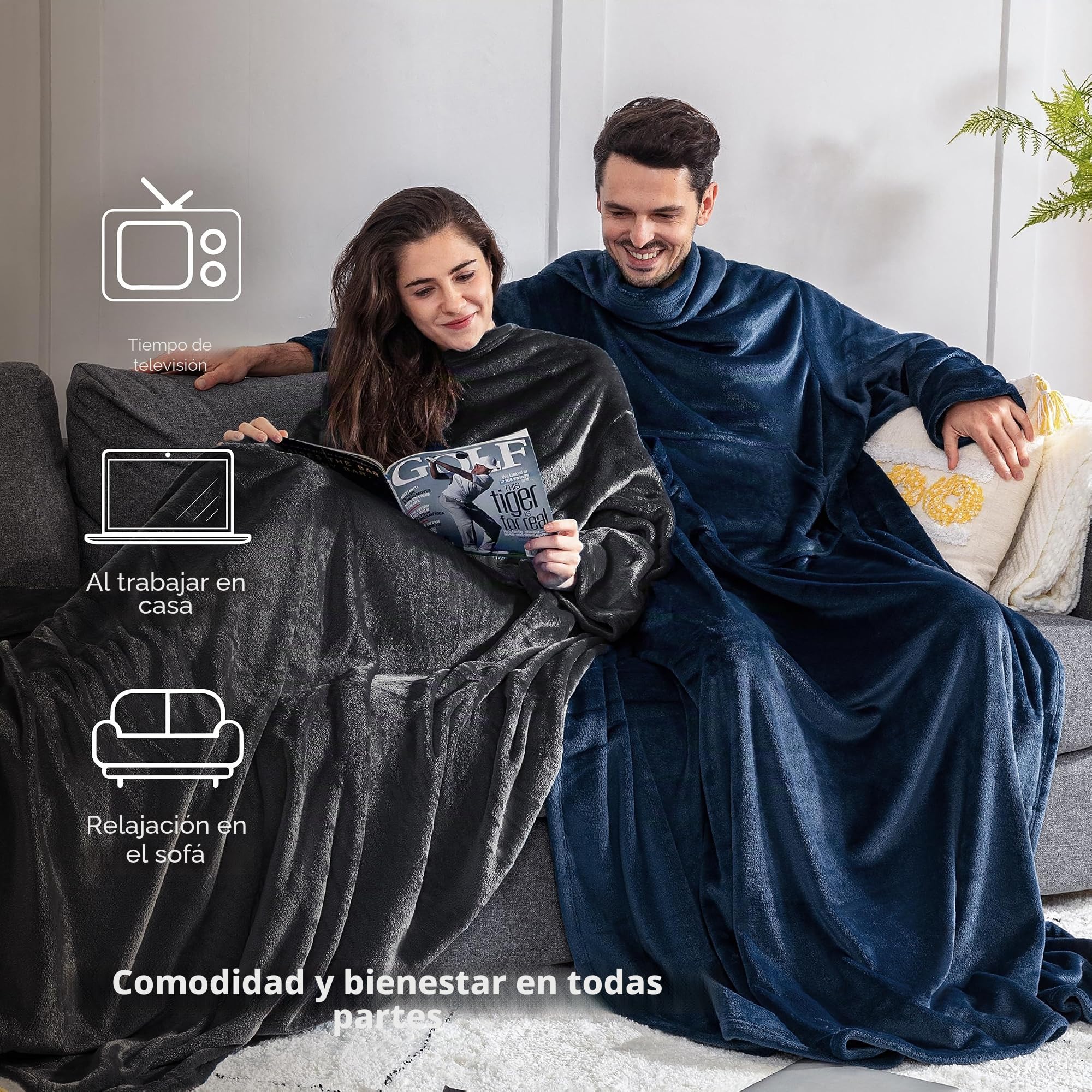 Bedsure Batamanta Mujer Flanelle Invierno - Bata Manta Hombre para Sofa, Manta con Mangas con Bolsillo Frontal, Tejido Felpa Suave y Acogedor, 150x200cm, Azul Marino