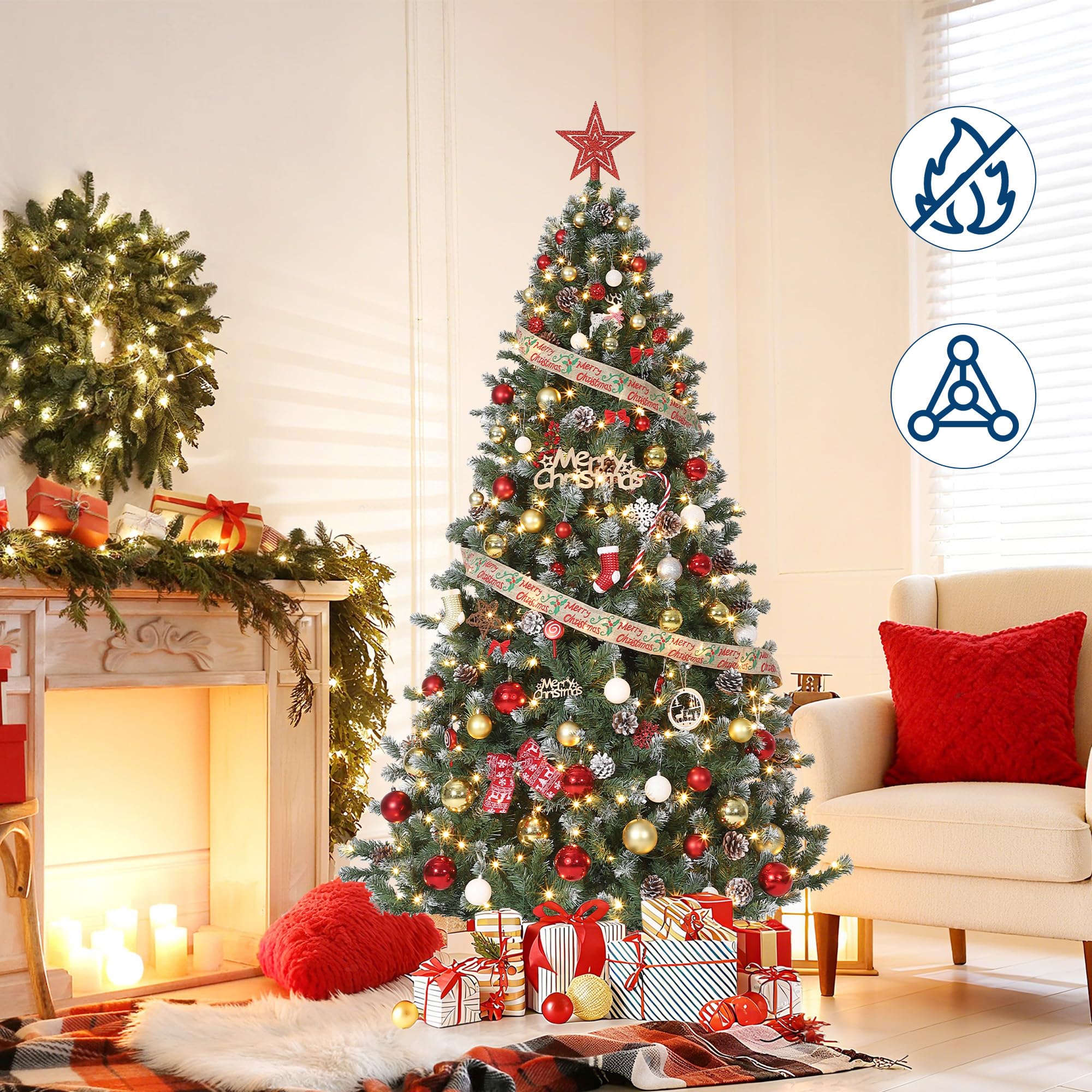 Künstlicher Weihnachtsbaum Mit Schnee-Effekt & LED-Beleuchtung 180 cm Weihnachtsbaum Mit Warmweißen Lichtern, Naturgetreuen Tannenzapfen, Einfach Montierbar Für Wohnzimmer Und Festliche Dekoration