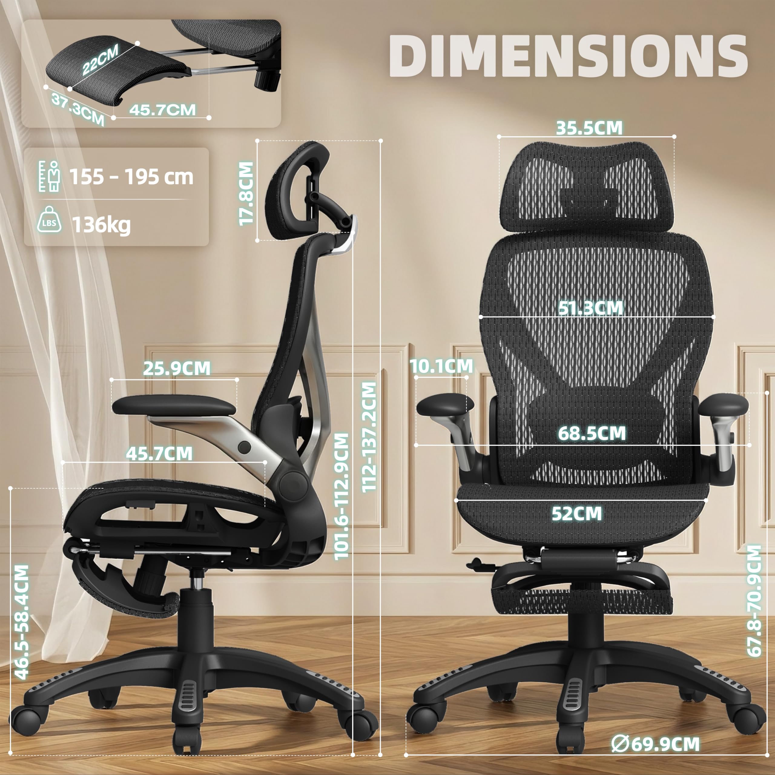 ELABEST X100 Ergonomischer Mesh-Bürostuhl mit Hoher Rückenlehne & Fußstütze | 3D-Lordosenstütze, 120° Neigung, 3D-Kopfstütze, Schreibtischstuhl mit hochklappbaren 5D-Armlehnen für Homeoffice, bis 136 kg