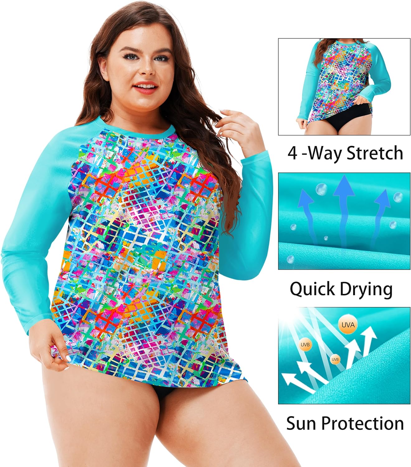 Deerose Women UPF 50 Rash Guard Long Sleeve Plus Size Swim Shirts