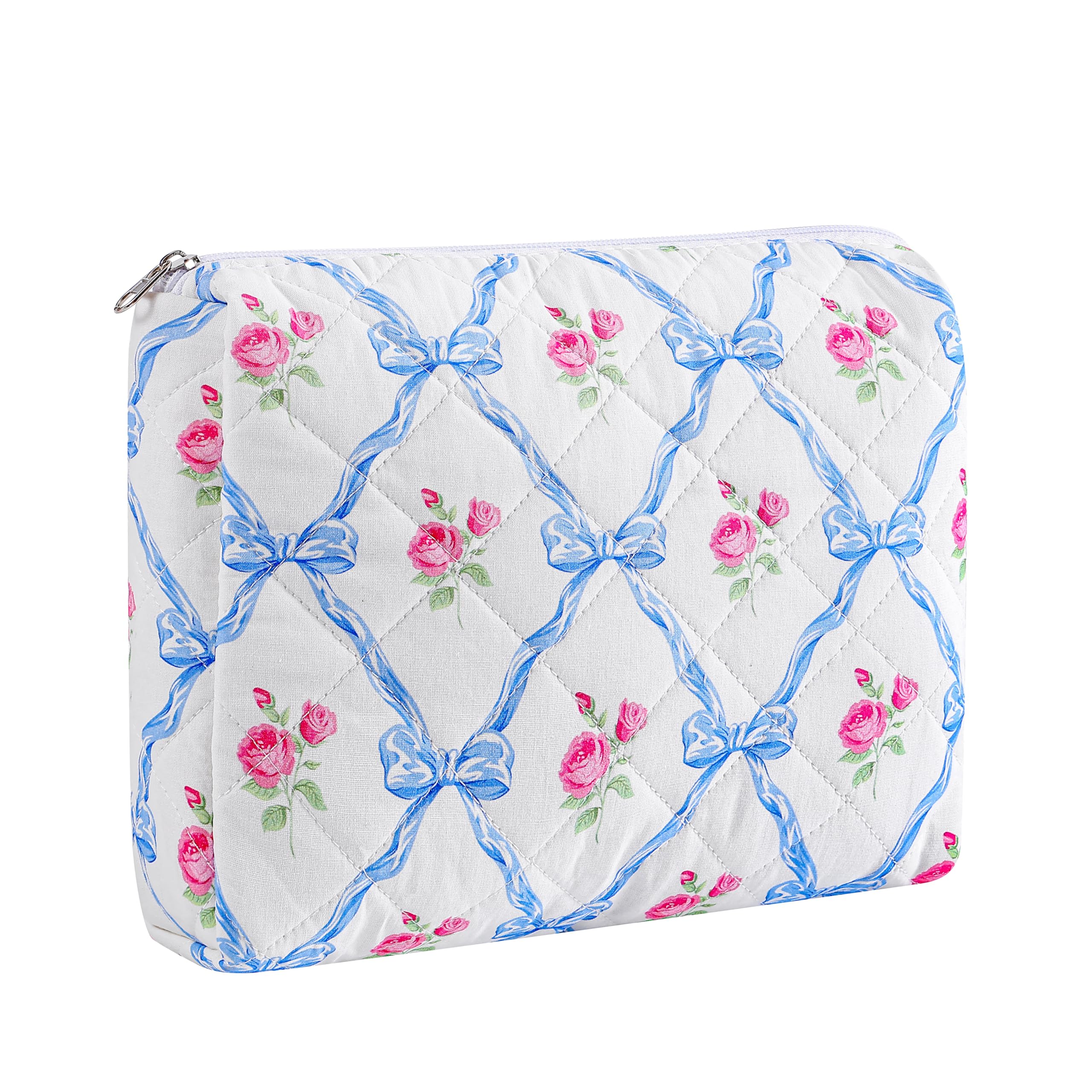 WHHJM Cute Floral Makeup Bag Large Cotton Quilted Cosmetic Bag, Aesthetic Essential Bag Toiletry Period Bag for Women Travel Accessories (Blue Bowknot