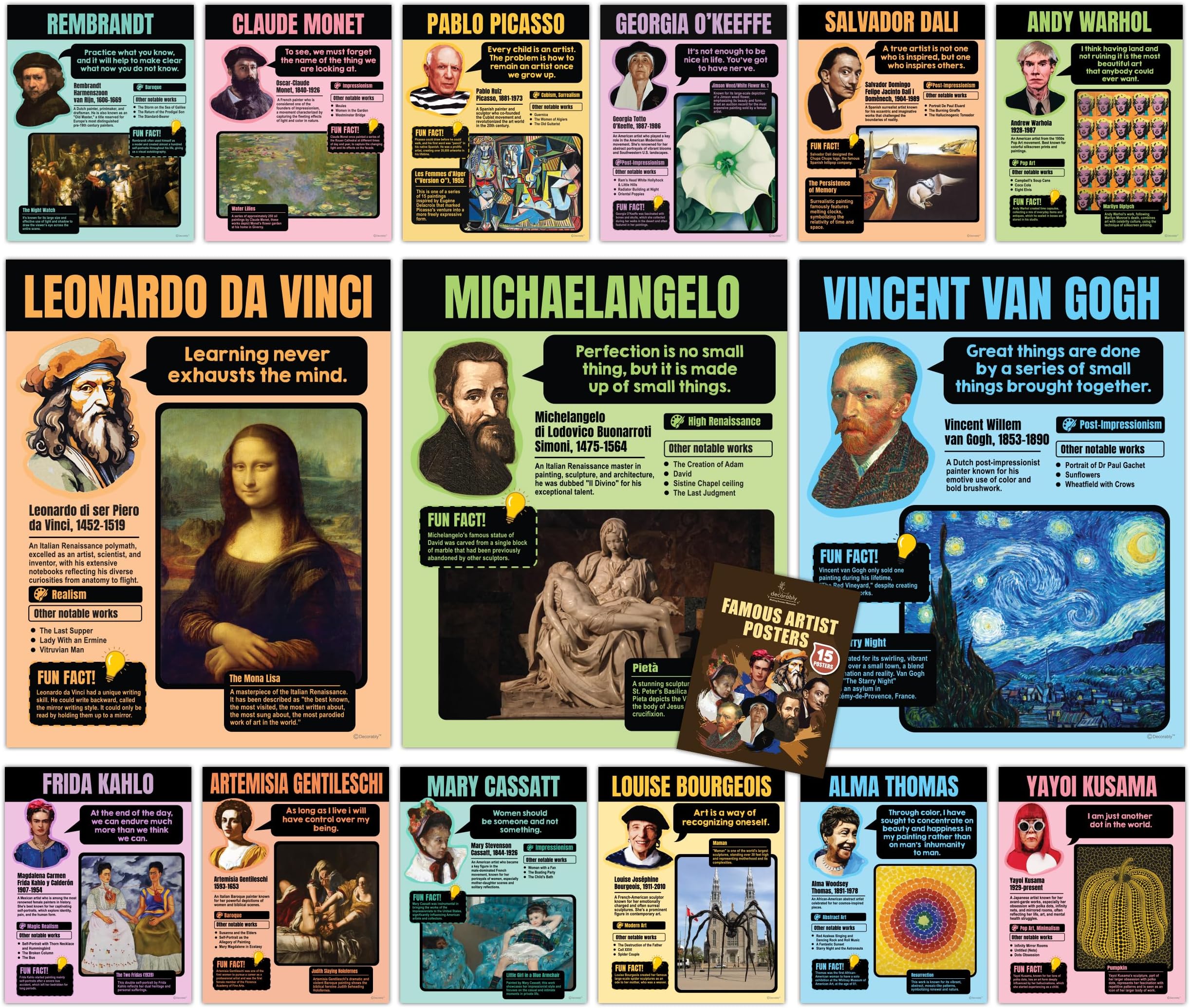 Decorably 15 Famous Art Posters, 11x14in Matte-Laminated Educational Art Posters for Classroom Famous Artists - Classrooms, School Hallways, Bulletin Boards, Education Centers, Home Study Room