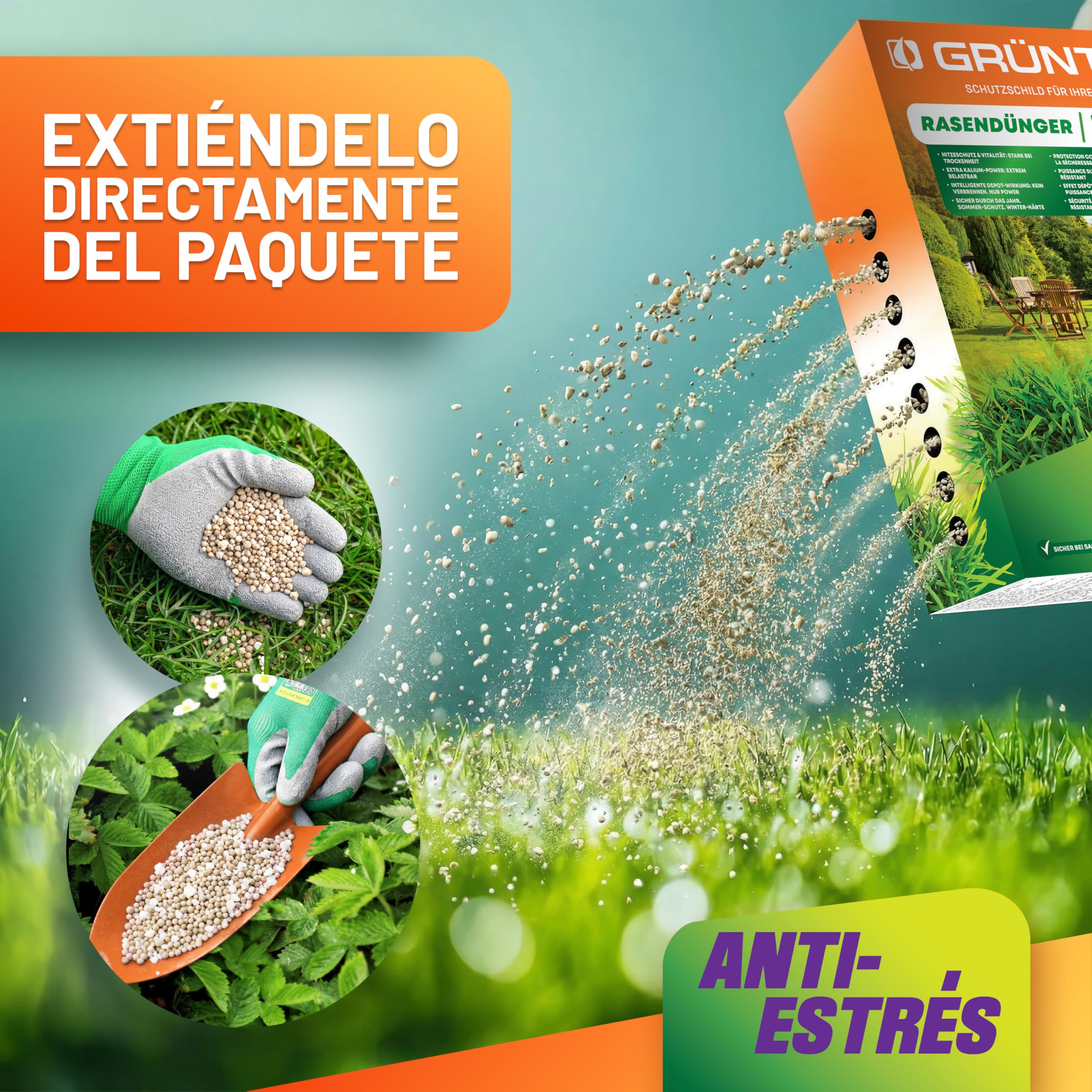 GRÜNTEK Abono Césped Otoño Invierno Verano Anti-Estrés NPK 15-5-24 – Fertilizante Césped Larga Duración 3 Meses, Protección Calor Sequía Heladas – Abono Universal Jardín Tomates Fresas Rosales 5 kg