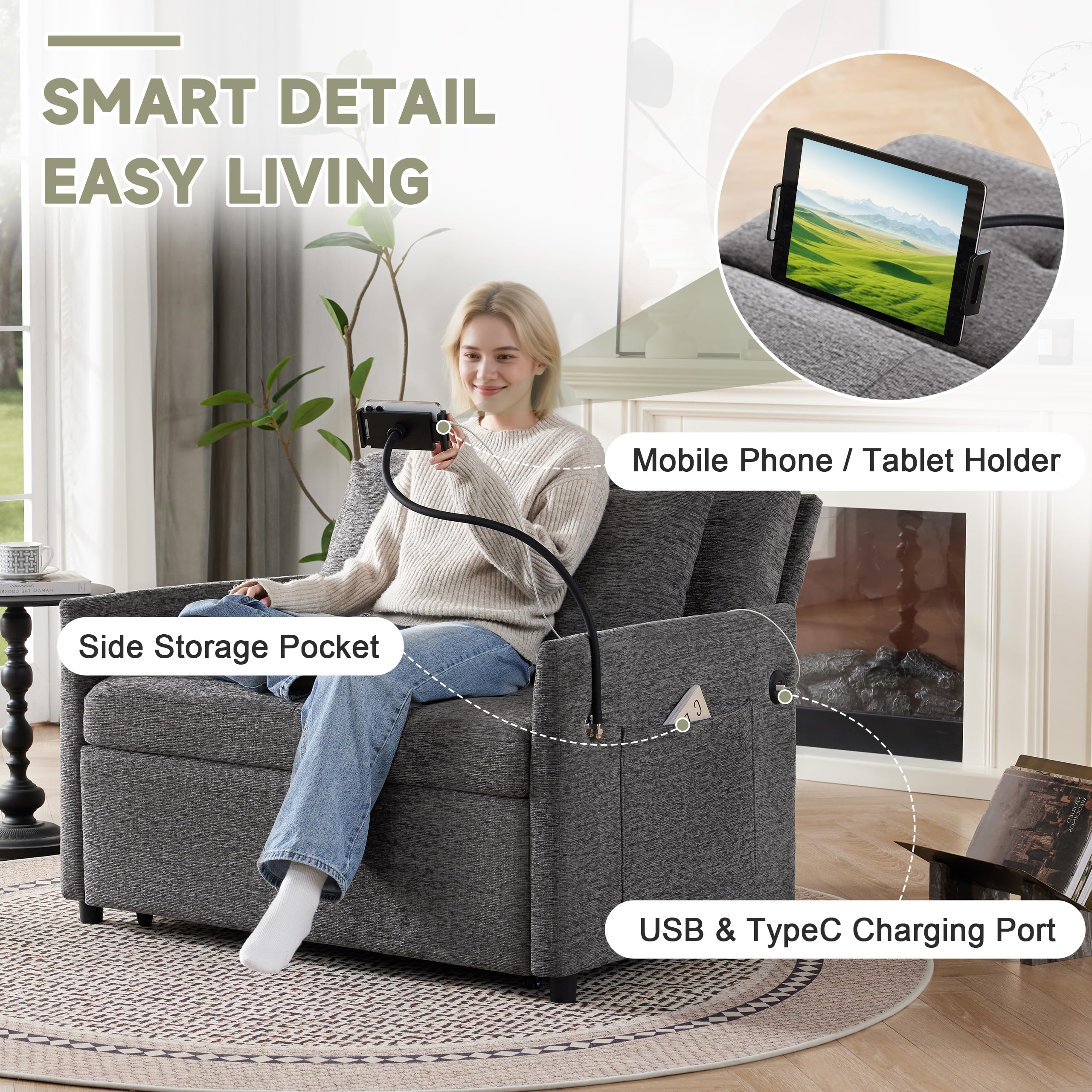 Loveseat Sleeper Sofa Convertible Sofa Bed, Pull out couch, Dark Grey | 3 in 1 couch bed with Phone Holder, Futon Sofa Bed with USB and Type-C Ports for Living Room, Adjustable Backrest