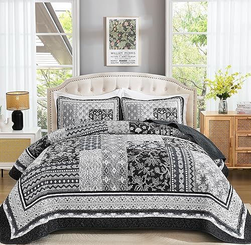 Miniatura 10 de WONGS BEDDING Juego de edredón marrón tamaño King, cubrecama con patrón floral bohemio, juego de edredón de patchwork bohemio para todas las