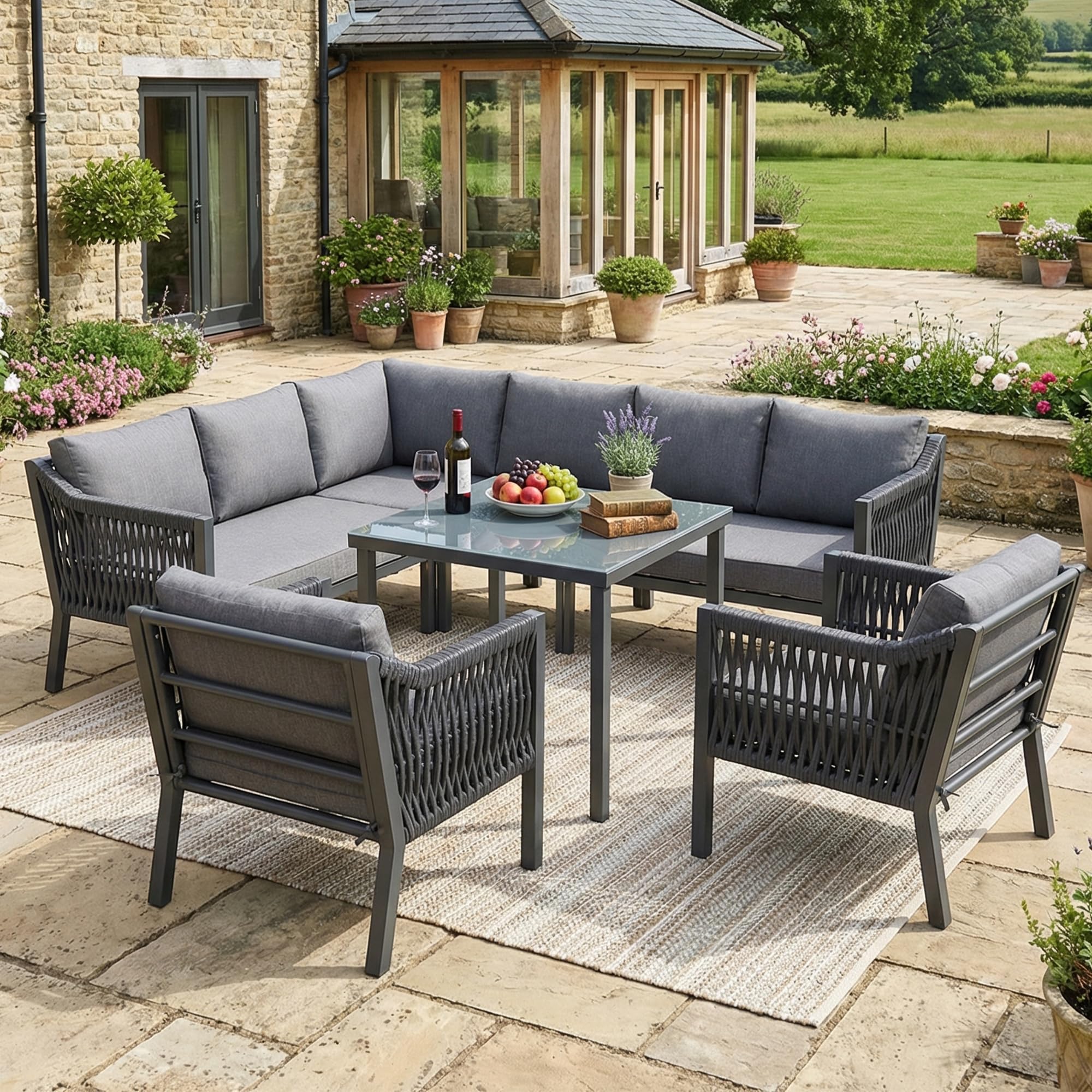 Muebles Jardin Exterior de 7-8 Plazas con 2 Sillones y Mesa, Sofa Terraza Exterior con Cojín Suave, Muebles Terraza Exterior con Reposabrazos Trenzado y Estructura Metálica, Gris