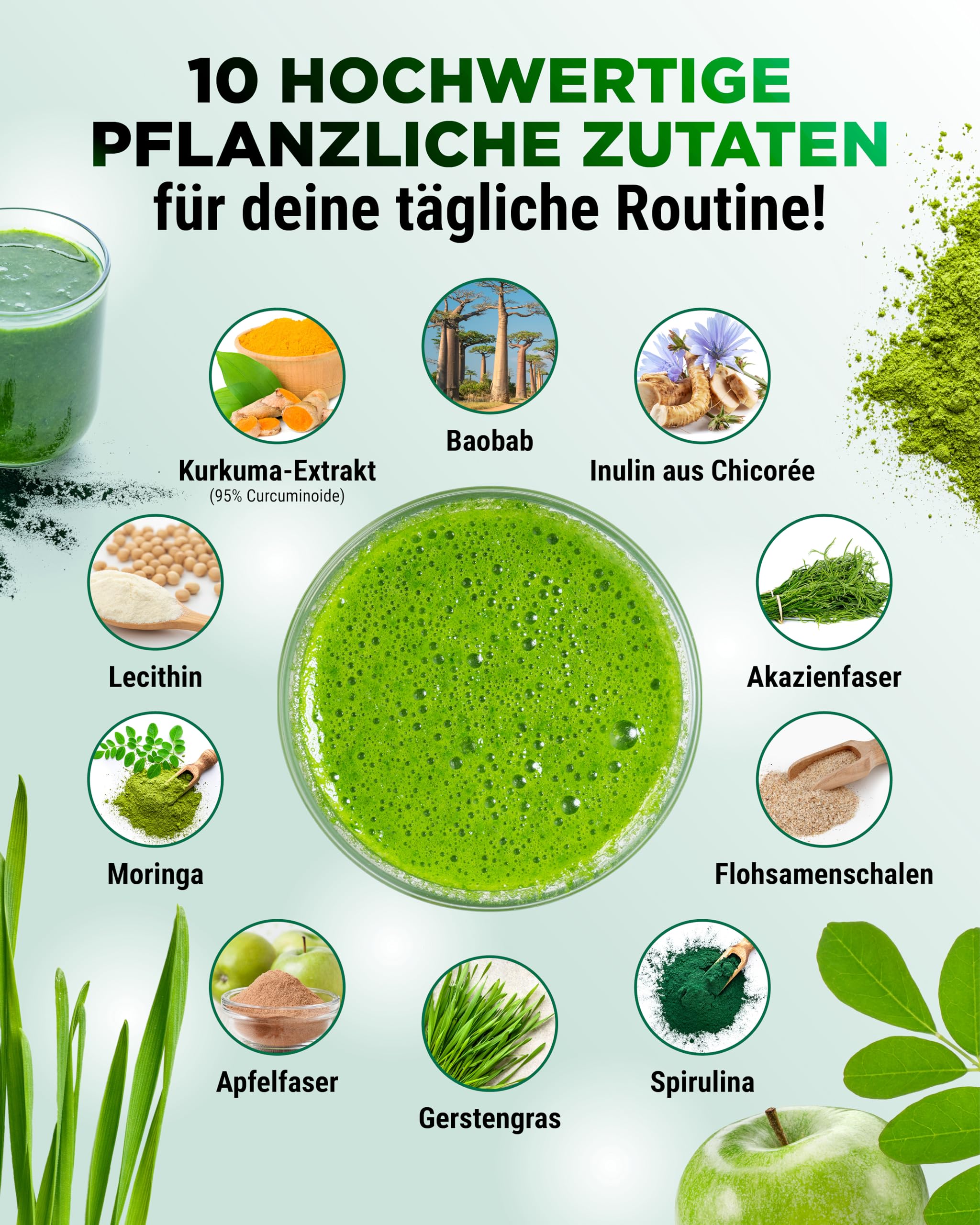 vit4ever Greens & Fiber Pulver - 600g - 16g Ballaststoffe & Superfoods | Flohsamen, Spirulina, Moringa, Gerstengras, Inulin, Apfelfaser, Kurkuma