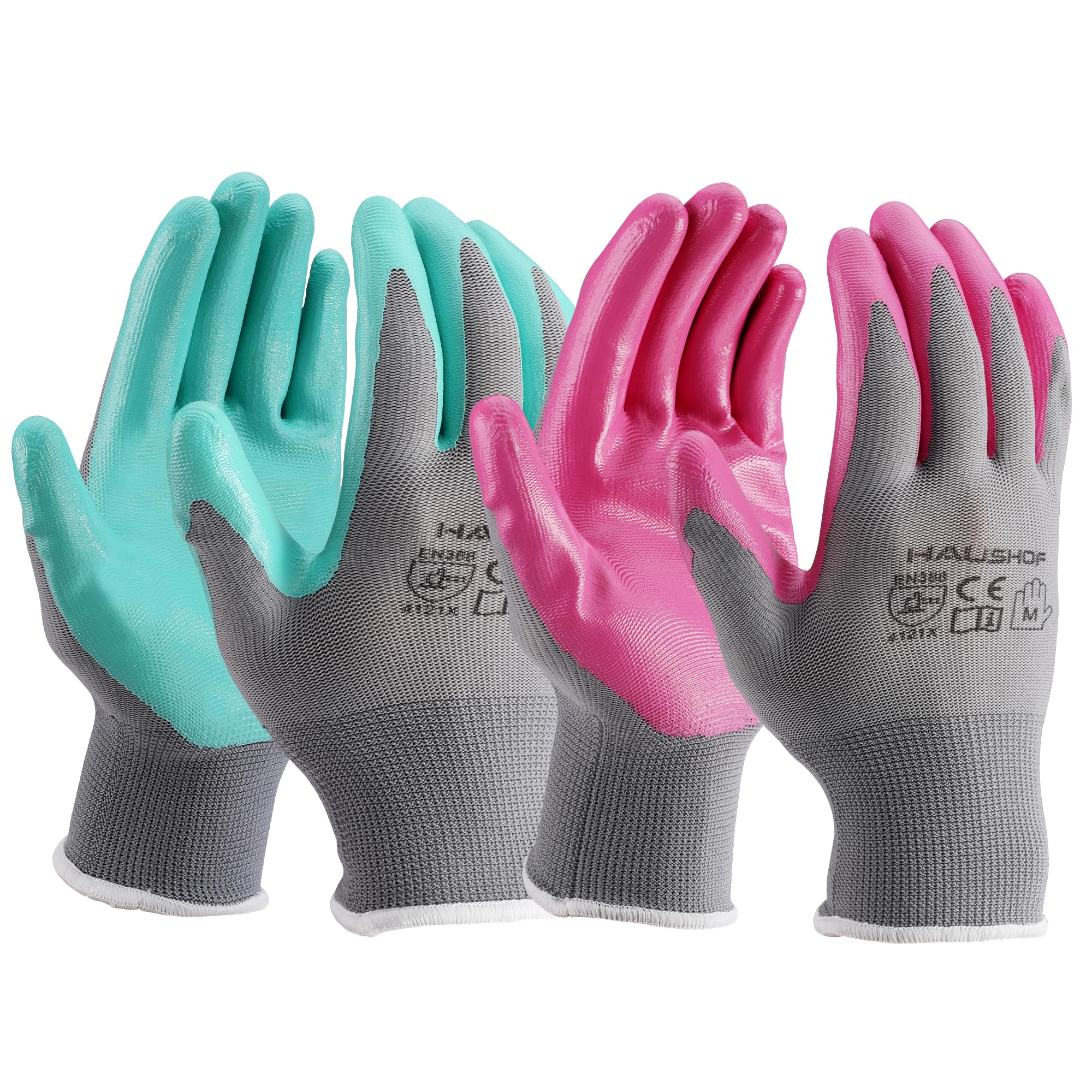 HAUSHOF Gardening Gloves for Women Ladies Thorn Proof 6-Pairs Work Gloves, Women's Breathable Garden Gloves Nitrile Coated with Texture for Yard Work, Pink & Green Large Size
