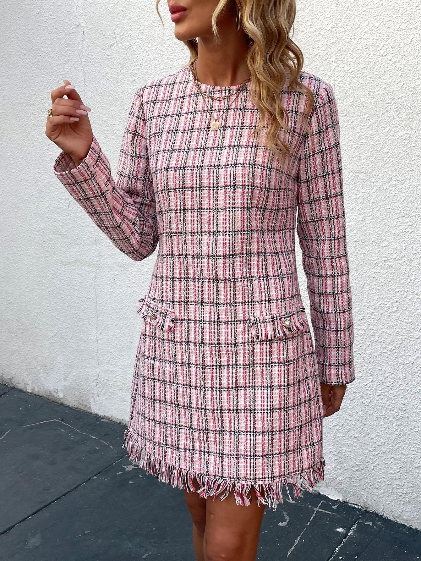 CARRIESU Dresses for Women Dress Women's Dress Plaid Pattern Raw Trim Tweed Dress (Color : Pink, Size : Medium)