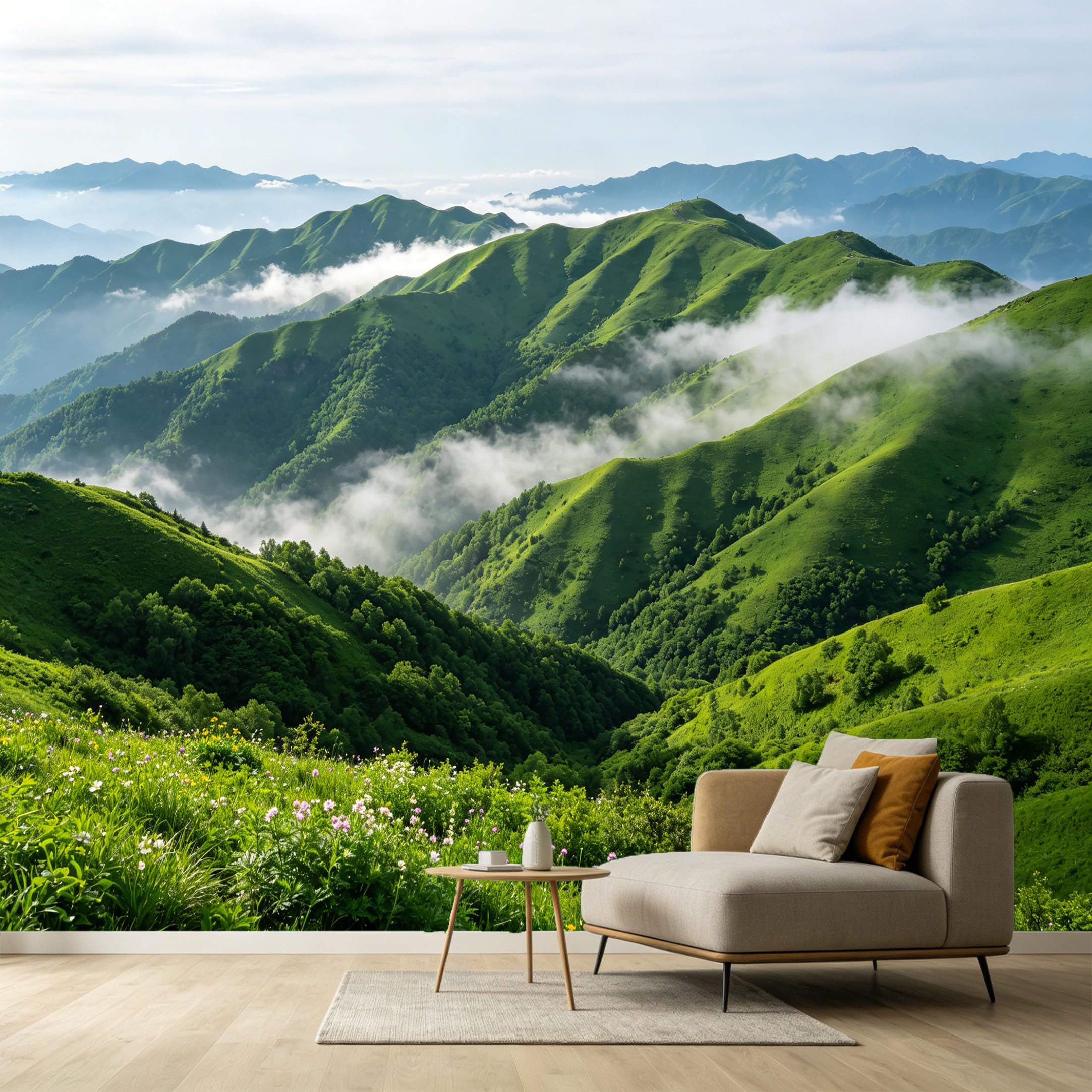 Custom Size Wall Murals Green Mountain Landscape Misty Valley Wildflower Meadow SelfAdhesive Wall Fabric Removable Large Wallpaper for Photo Living Room Interior Decor