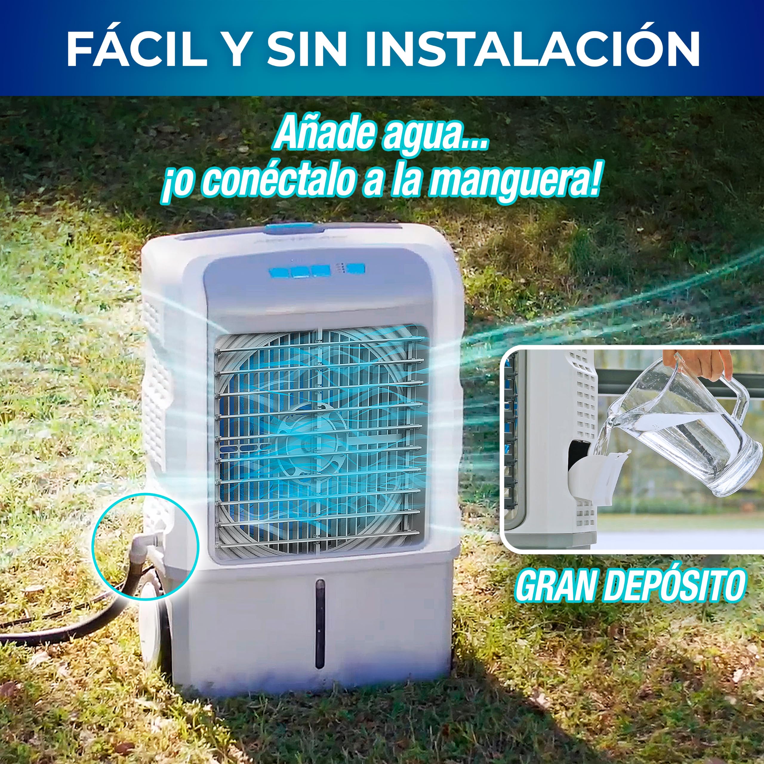Enfriador Evaporativo Portátil TITAN CHILL. EXTERIOR/Interior. Tecnología Hydro-Chill. Depósito agua18L. Refresca hasta 46 m². 3 Velocidades. Conexión a Manguera. Ruedas/Asa. Sin instalación.