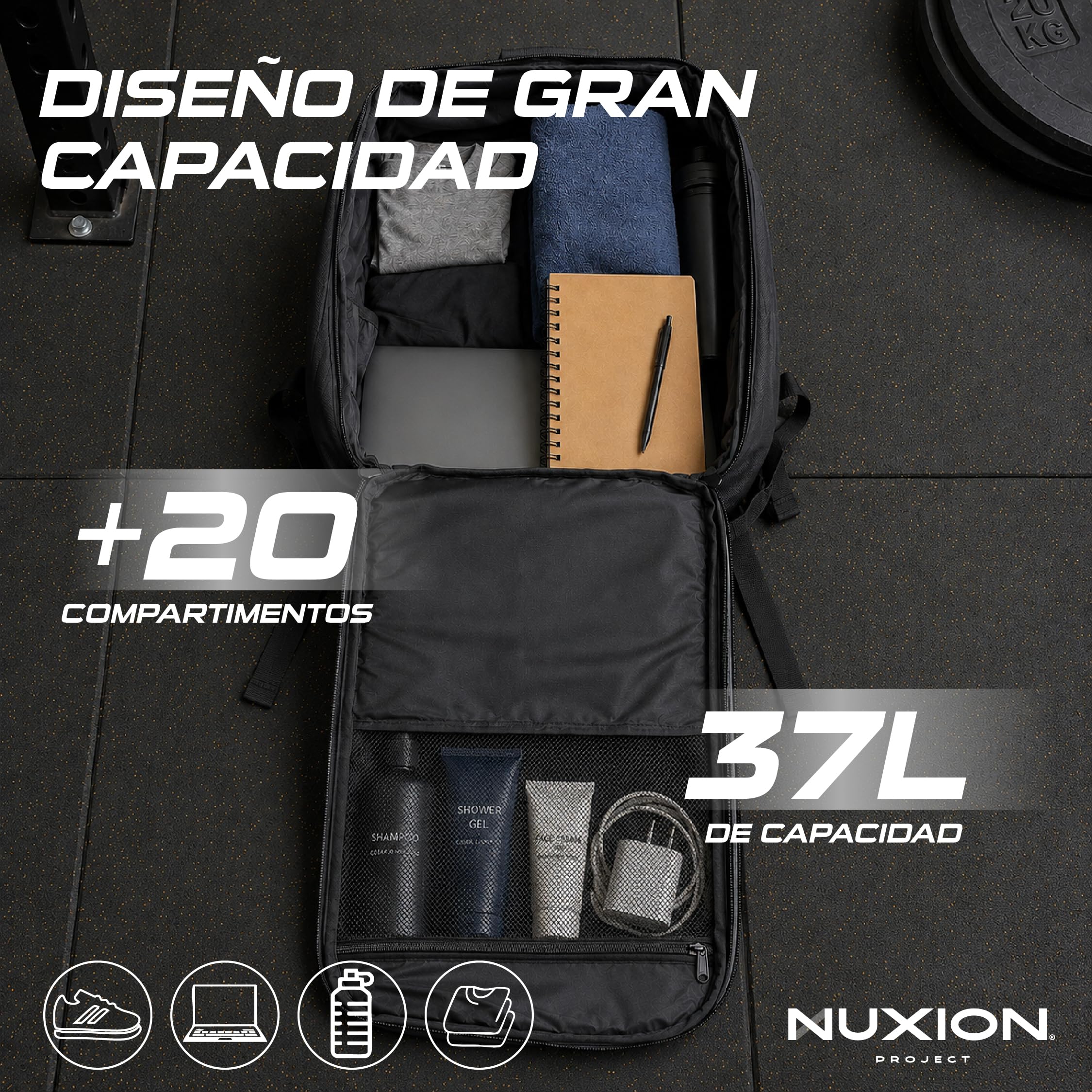 NUXION | Mochila Táctica 37L Impermeable y Resistente | Para Crossfit, Hyrox y Senderismo | Sistema MOLLE, +20 Compartimentos y Portátil 15,6" | Mochila Deportiva Unisex