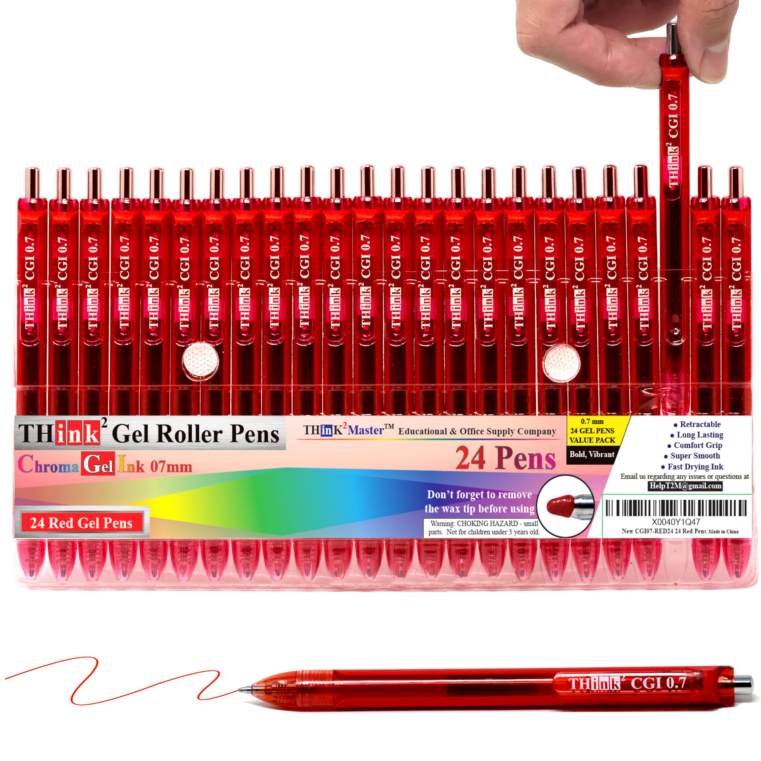 THINK2MASTER 24 Red Ink CGI Retractable Gel Pens. Medium Point Rollerball Pens with Smooth Quick Drying Ink
