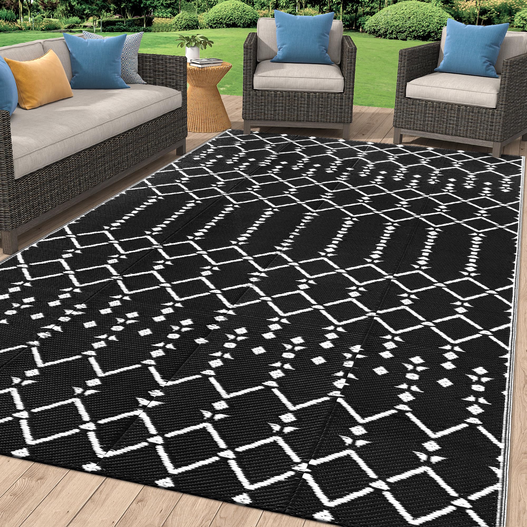 Smiry Outdoor Rug 6x9 ft, Waterproof Reversible Plastic Straw Rugs, Boho Outdoor Area Rug, Outside Floor Mat for Patio, Backyard, Deck, Picnic, Beach, Camping, Black