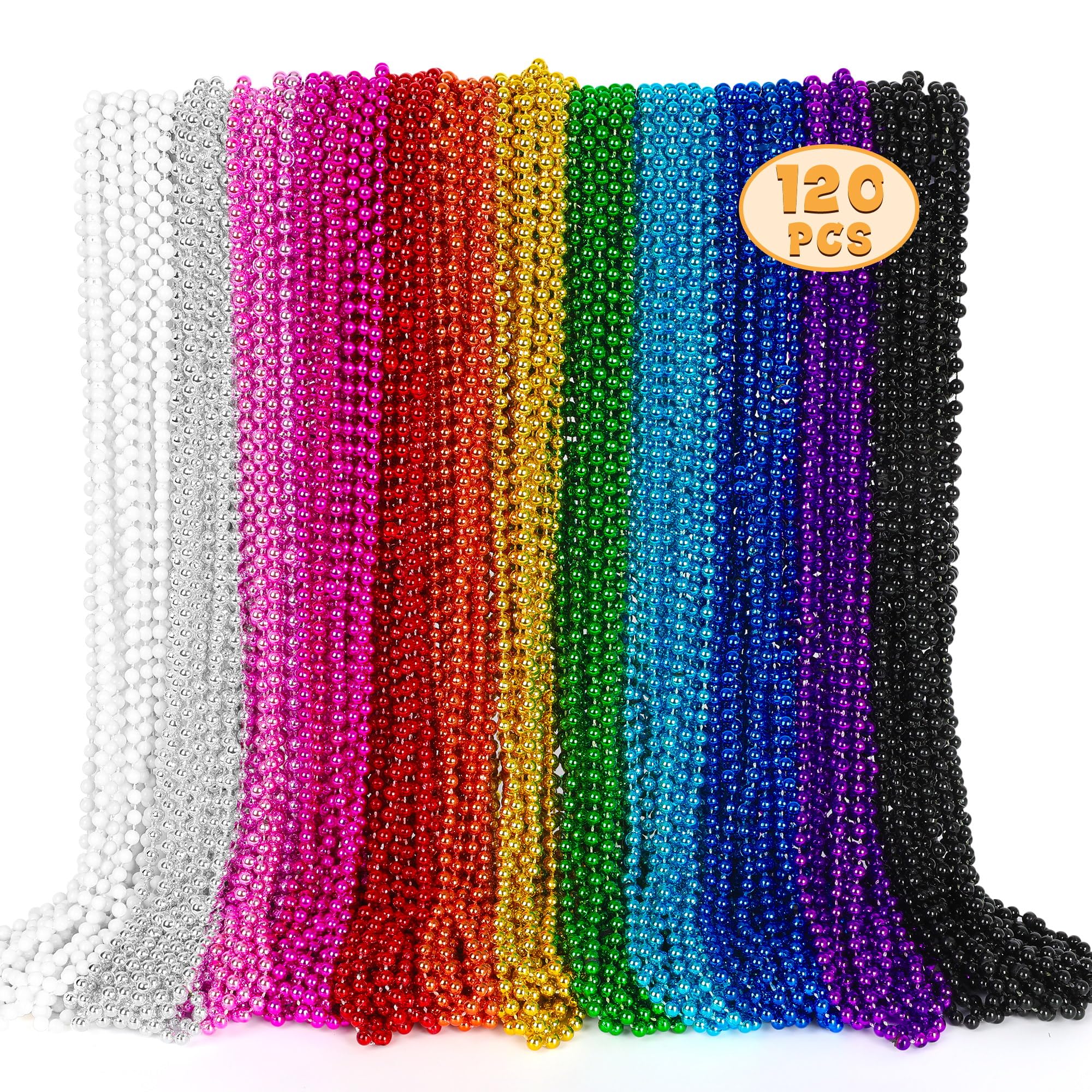 120PCS Mardi Gras Beads, Metallic 12 kinds Bead Necklace Party Favors, 33" Mardi Gras Necklace Bulk Accessories Stuff, Festival Parade Throw for