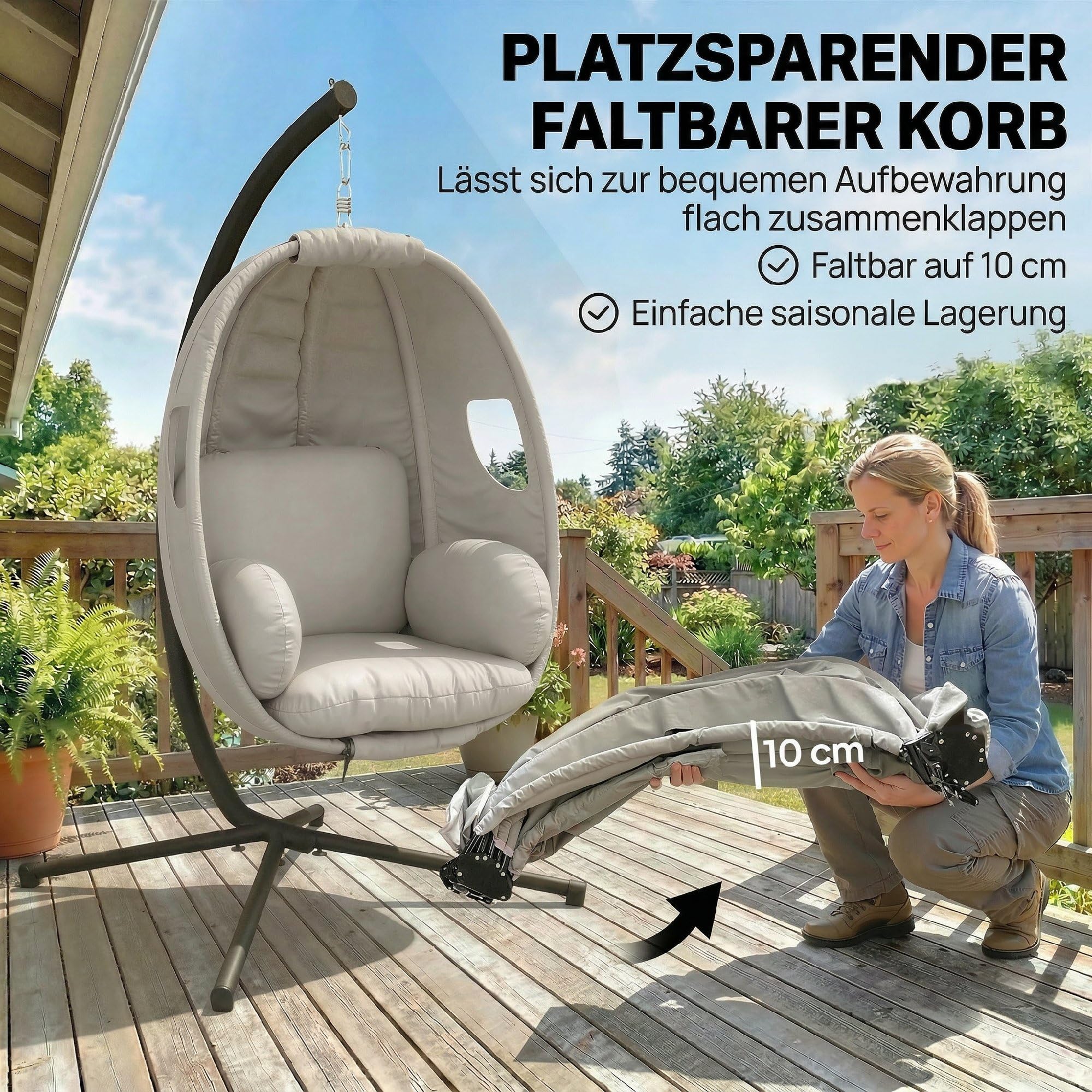 Outsunny Hängesessel mit Gestell Faltbarer Hängekorb 120 kg Hellgrau | Dicke Sitzpolster, Verstellbare Höhe, Sicherheitsgurt, Eiförmige Hängeschaukel, Schaukelsessel, Indoor Outdoor Garten