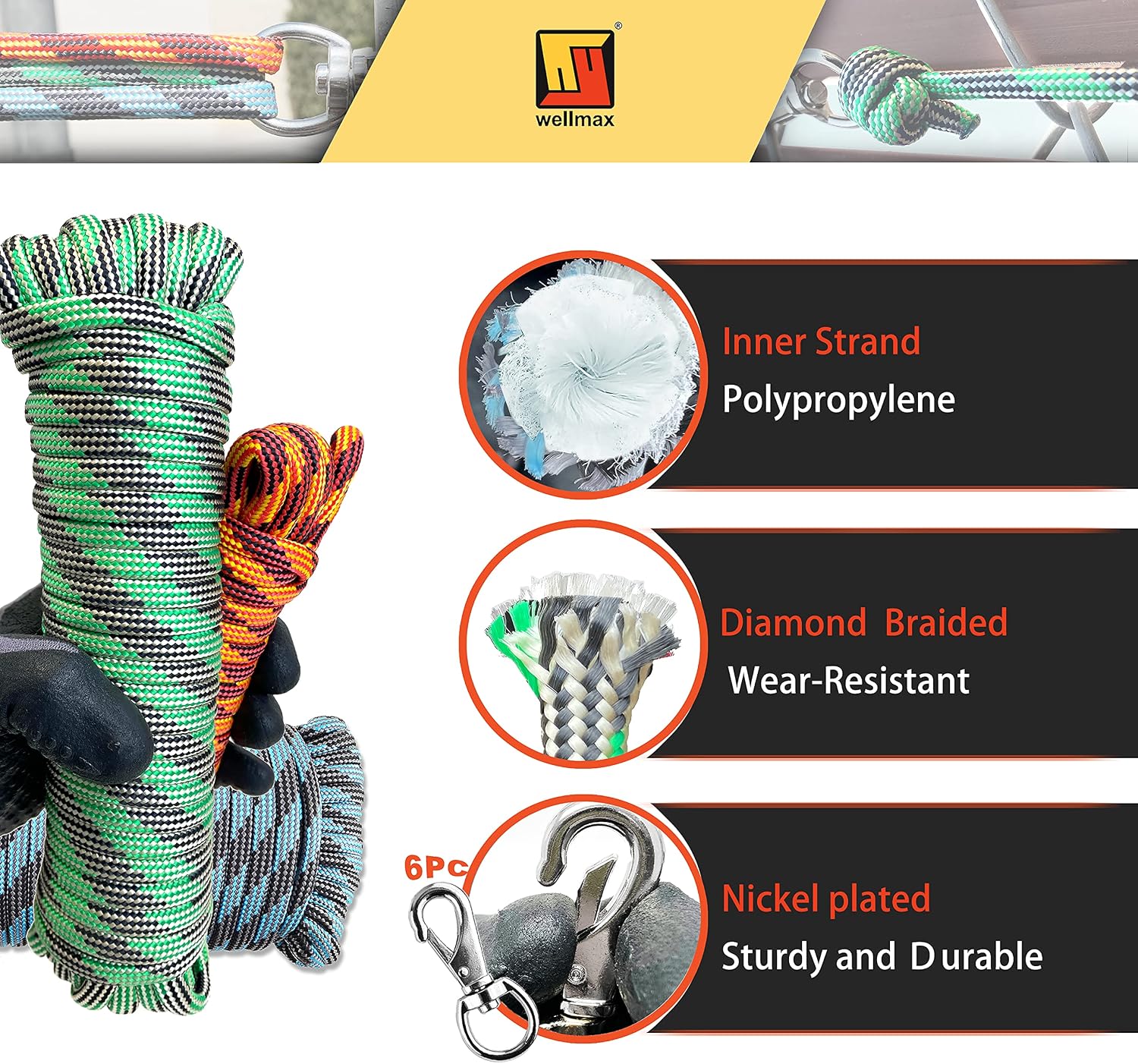 Wellmax Diamond Braided Nylon Rope with Uv Treatment and Weather Resistant, 3 Pack 1/4" x 20/40/80ft Multi-Color and 6 Bonus Quick Links