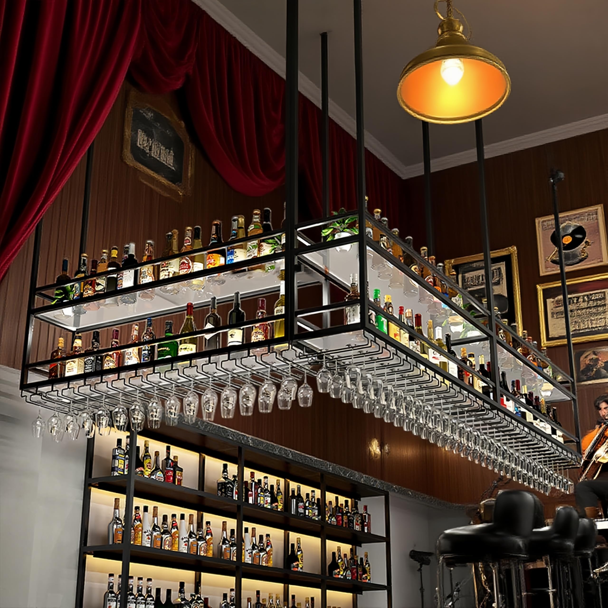 80CM Botellero colgante techo Luz LED, 2 Niveles botellero de techo de acrílico con portavasos y estantes transparentes portavasos botelleros para loft, para Cocina, Bar, Cafetería y decoración