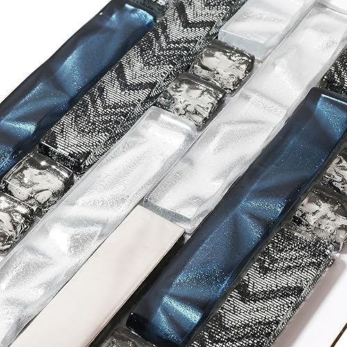 Miniatura 6 de Elephantile Azulejos de pared lineales de vidrio, azulejos de mosaico blanco y verde azulado para cocina, baño, protector contra salpicaduras juego