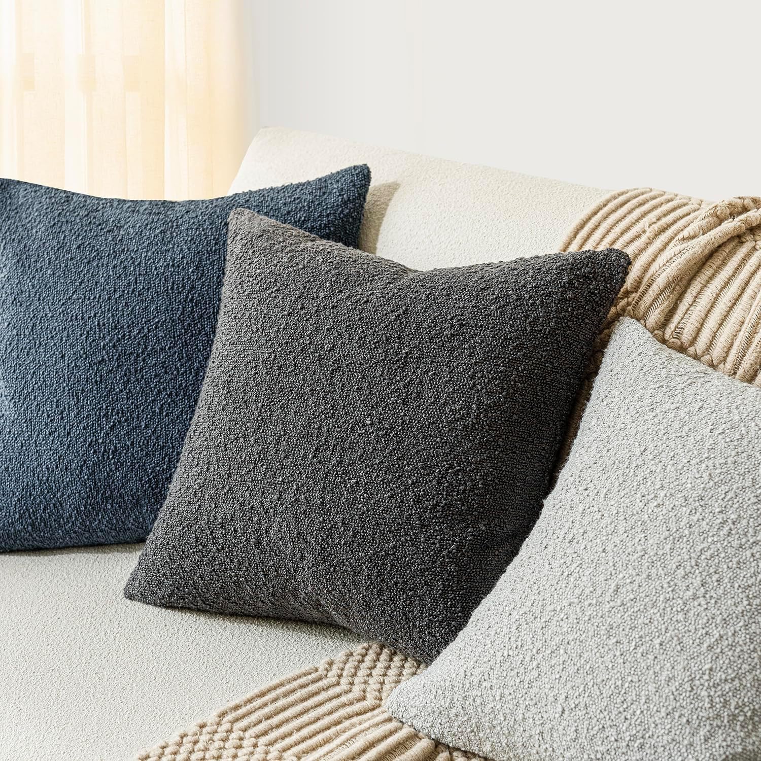 Foindtower Decorative Textured Boucle Throw Pillow Covers 24x24 Dark Grey image 4