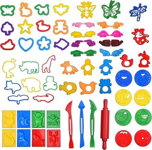 Juego de herramientas de masa de juego de 60 piezas, juego de juego de dinosaurio de masa de juego, incluye juego de masa de dinosaurio, rodillo,