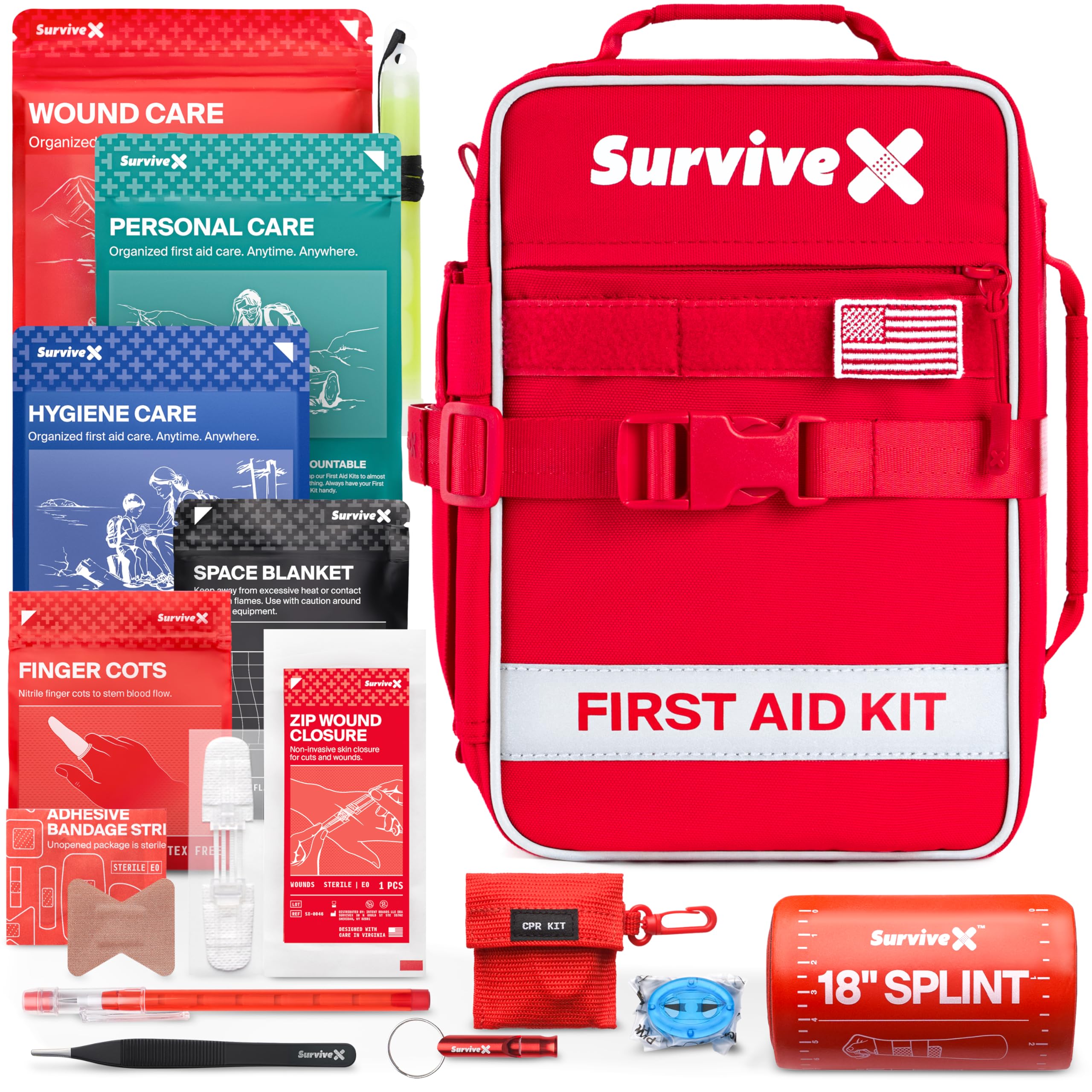 Large First Aid Kit for Car, Travel & Home - Emergency Kit for Hiking, Camping, Backpacking and Outdoor Adventures - Includes Zip Stitch Wound Closure Strips