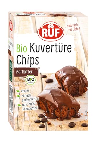 RUF Bio Kuvertüre-Chips Zartbitter, mit mind. 70% Kakaoanteil, zum Glasieren & Dekorieren von Kuchen, Torten & Keksen, glutenfrei & vegan, 1 x 150g