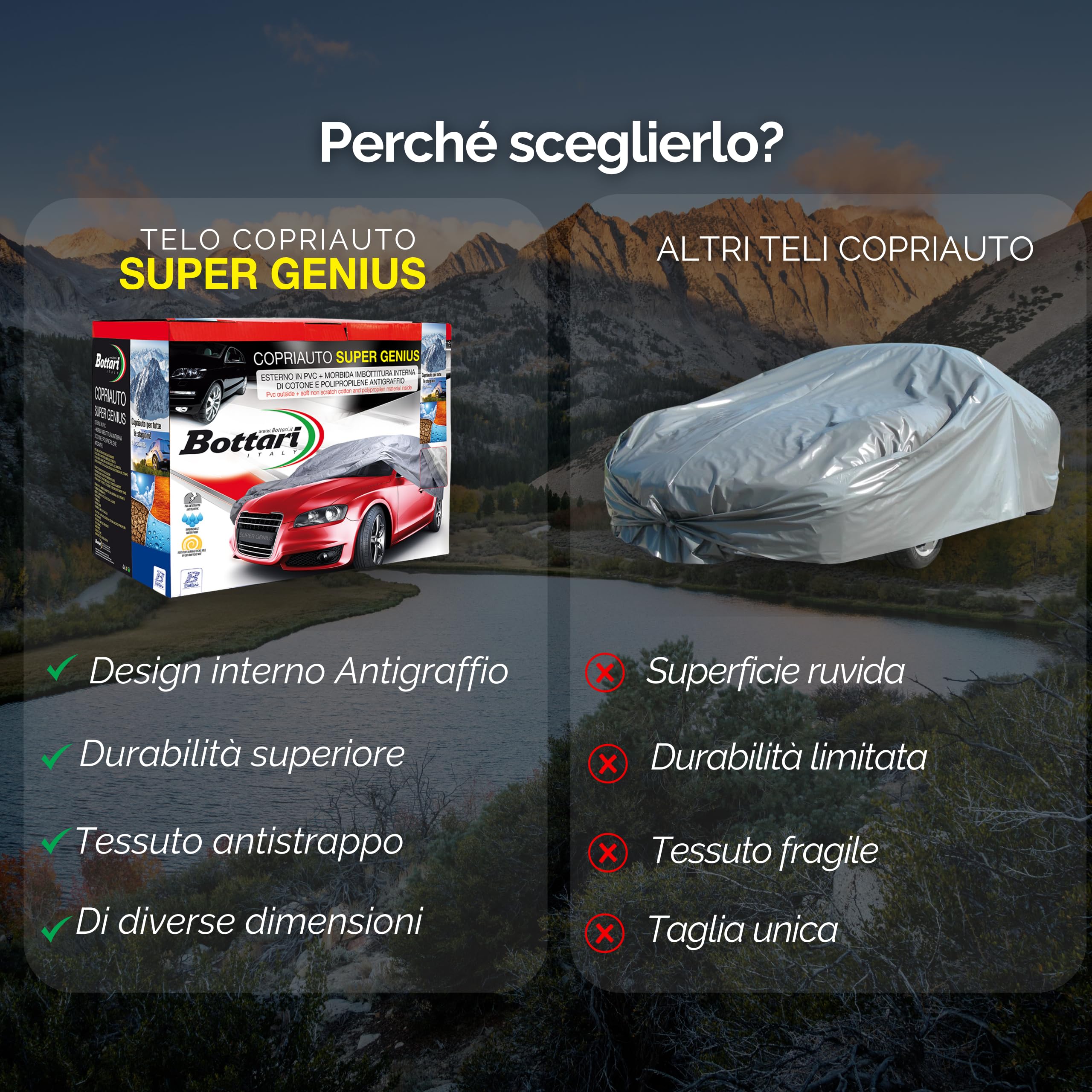 Bottari "SuperGenius" Copriauto Felpato 4 Stagioni in PVC Impermeabile – Telo Auto con Interno in Cotone e Polipropilene Antigraffio, Imbottito e con Cinghie di Fissaggio – Taglia XXL