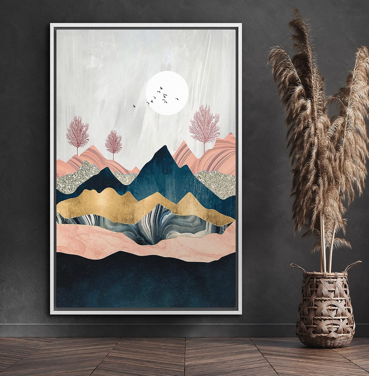 SIGNFORD Framed Canvas Print Wall Art Pink Trees with Marble Mountains Abstract Wilderness Illustrations Modern Art Contemporary Scenic for Living Room, Bedroom, Office - 16"x24" White 16" x 24" WHITE Whale-1912-x42