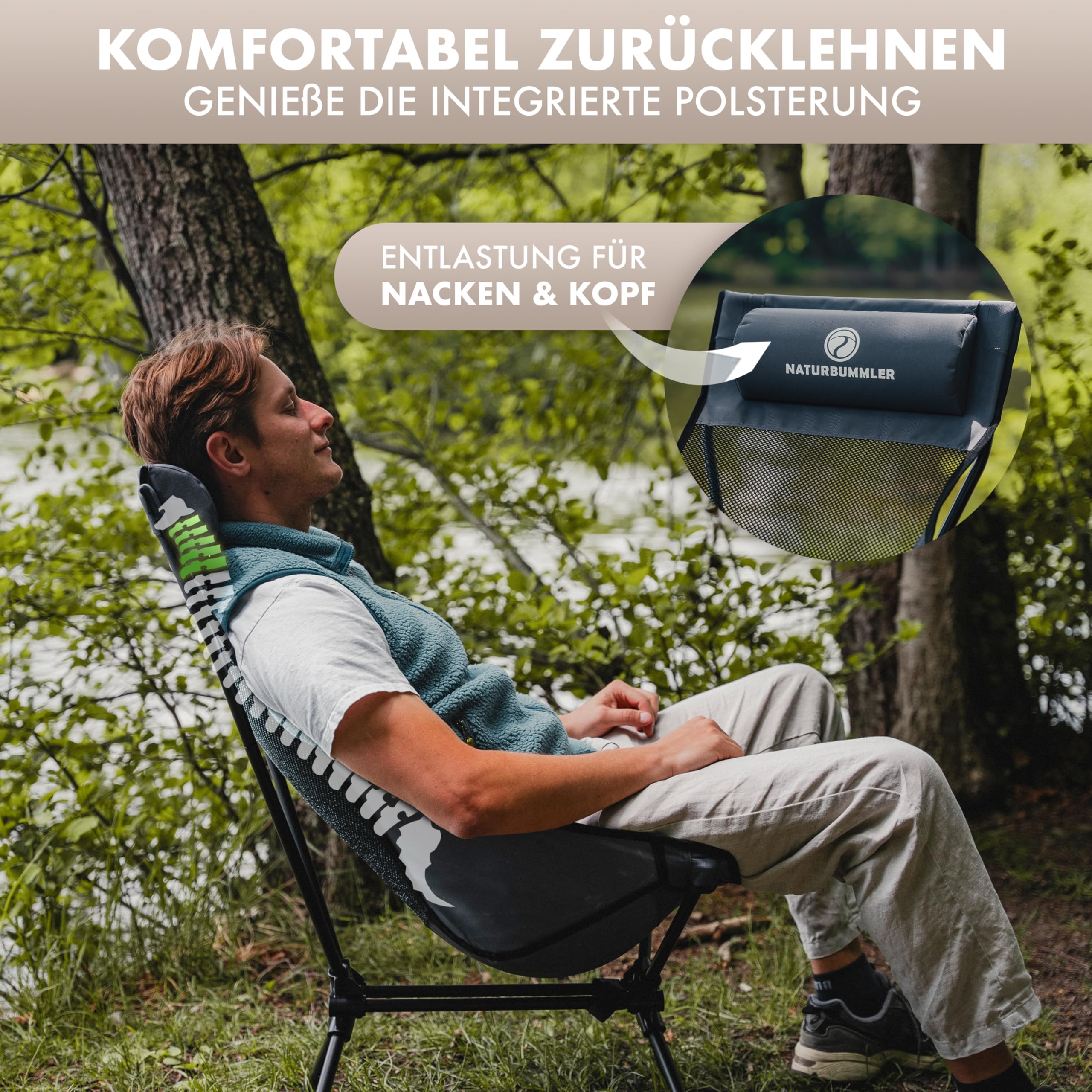 NATURBUMMLER Campingstuhl faltbar [Cloud Sit Light] – Ultraleicht (2,65 kg) & atmungsaktiv – inkl. Tragetasche – kompakter Klappstuhl 120 kg belastbar für Garten Angeln Outdoor (Grau)