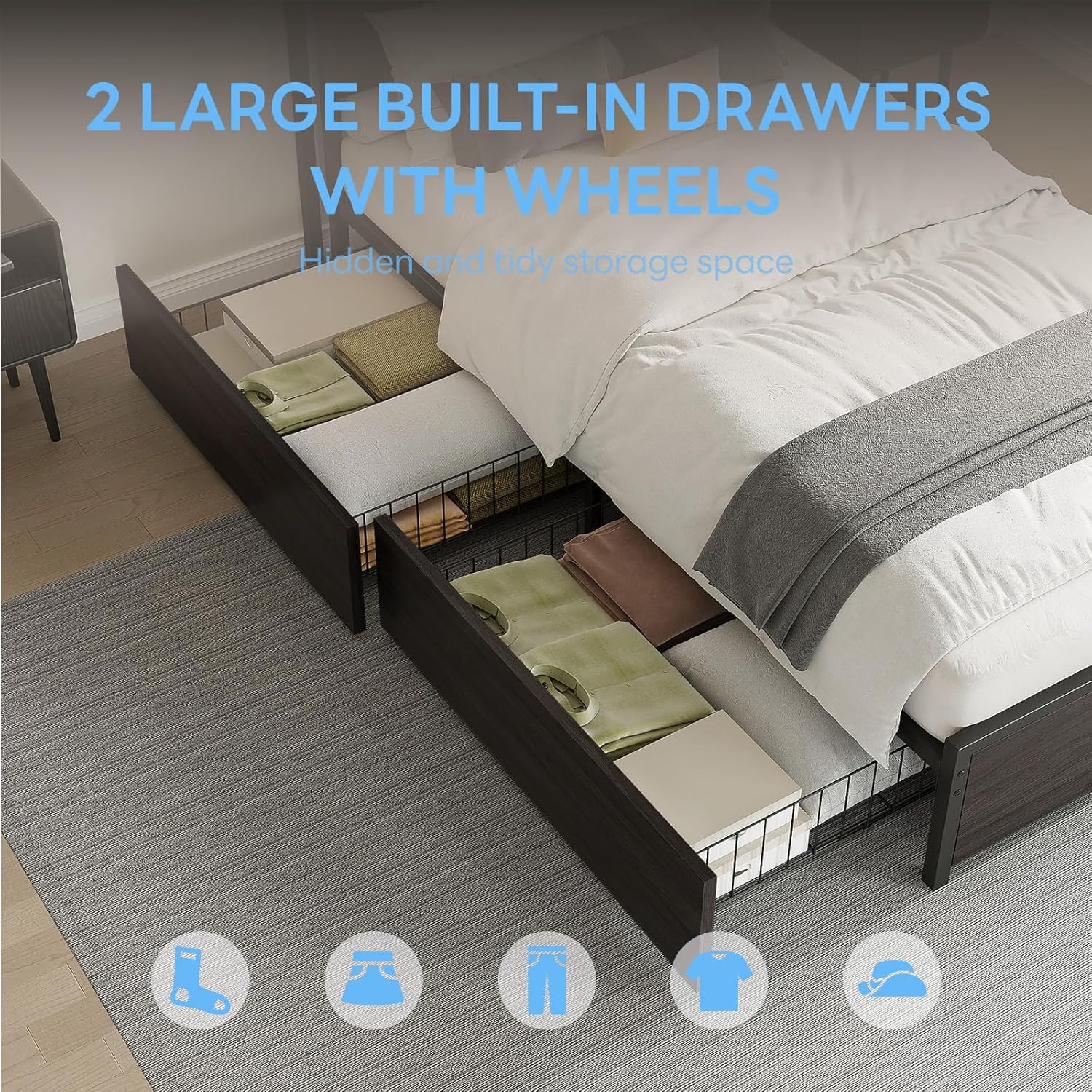 LIKIMIO Twin XL Bed Frame, DIY Storage Drawer Layout, Headboard with 2-Tier Shelves & Charging Station & LED Light, Suitable for Teen Rooms, Small Apartments & Bedrooms, Black