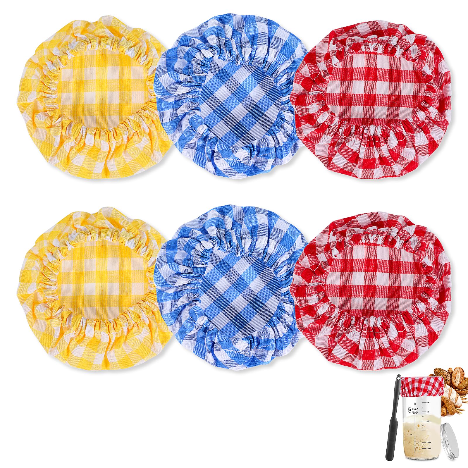 6 Pcs Jar Cloth Covers, Colorful Plaid Sourdough Starter Jar Cover Cloth, Reusable Elastic Sourdough Starter Bowl Covers Basket Cover Preserving Lids for 3-4 Inch Jar Mouth Baking Supplies