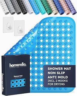 homerella® Shower Mat Non Slip Anti Mold, Non Slip Shower Mats for Inside Shower Stall Anti Slip Mat, Square Shower Floor Mat 21 x 21 in with Suction Cups & Hooks for Quick Drying, Machine Washable