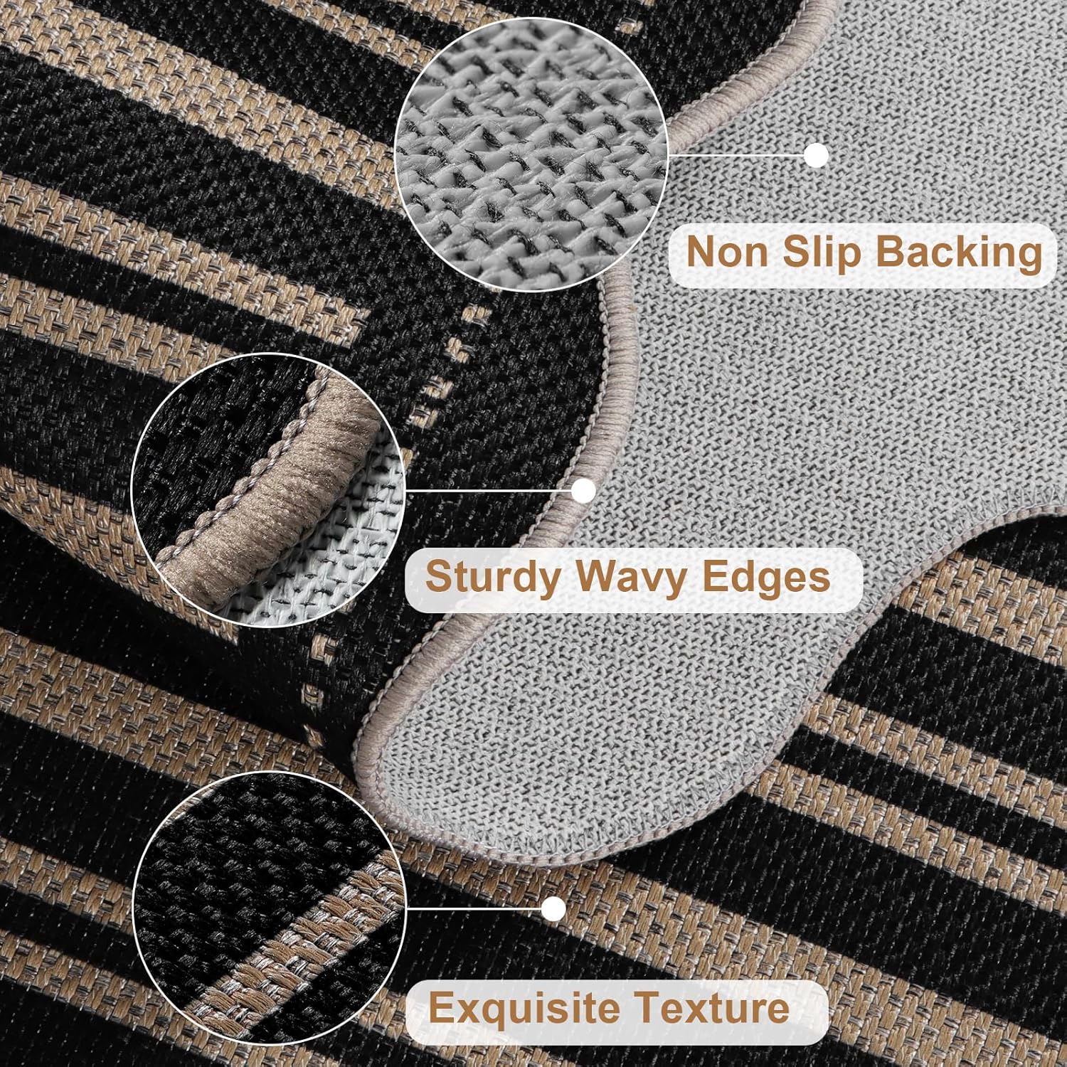 Striped Easy Jute Entryway Rug, 2x3 Black Indoor Outdoor Doormat, Washable Small Kitchen Rug Non Slip Farmhouse Scalloped Rugs for Front Door Entrance Bathroom